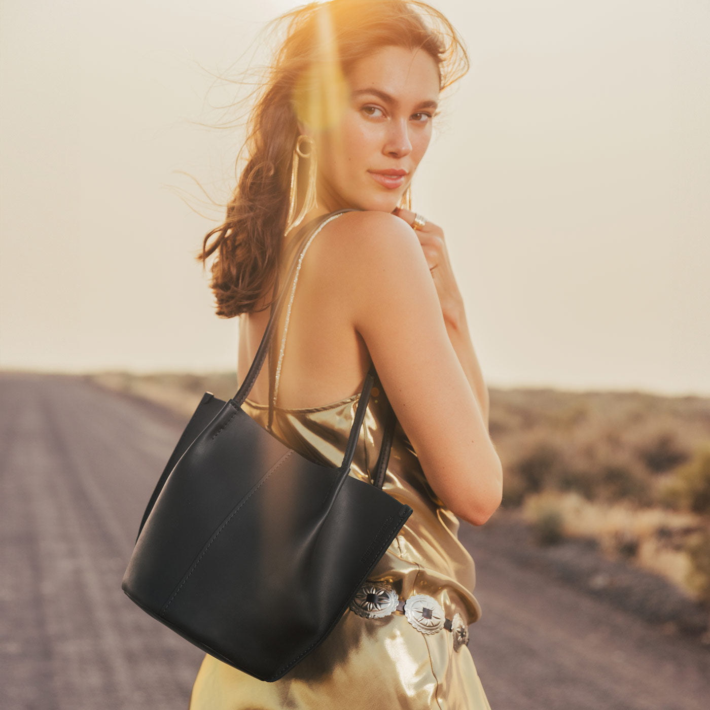 Black*Classic | Petite bucket shaped tote bag with matching leather handles