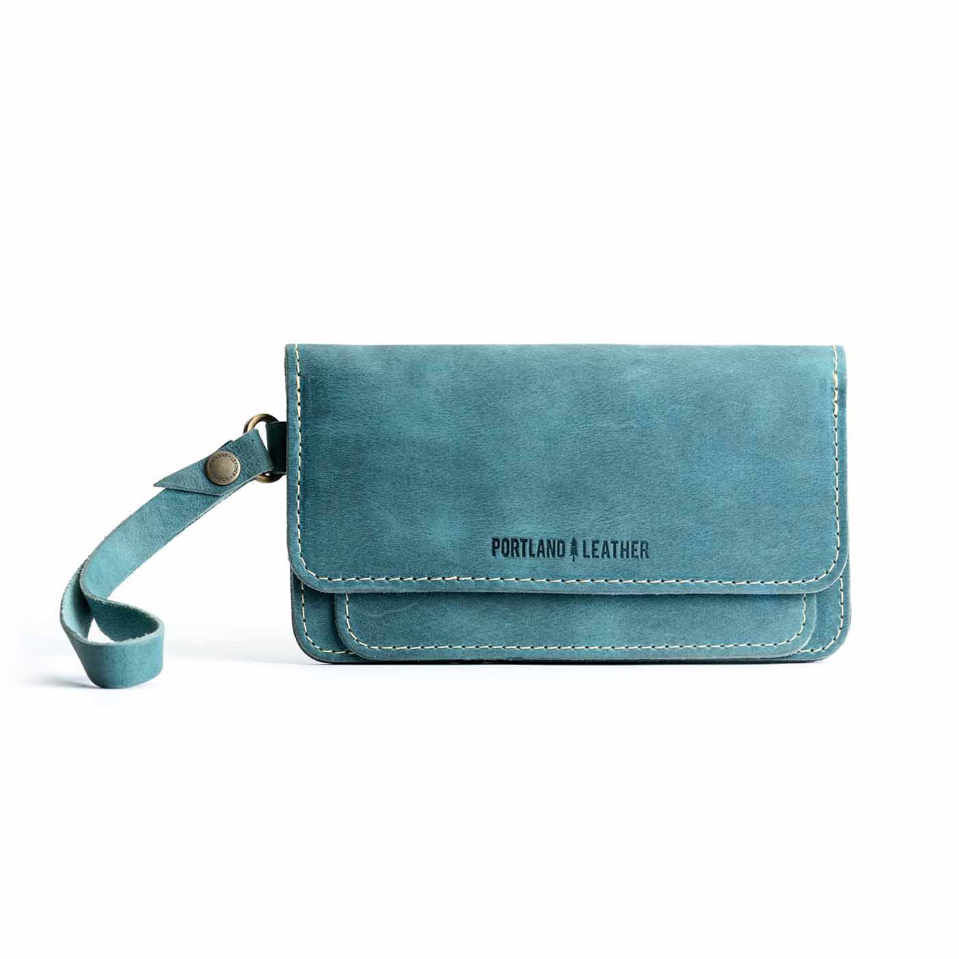 Aqua | Leather wallet clutch with wristlet and magnetic closure