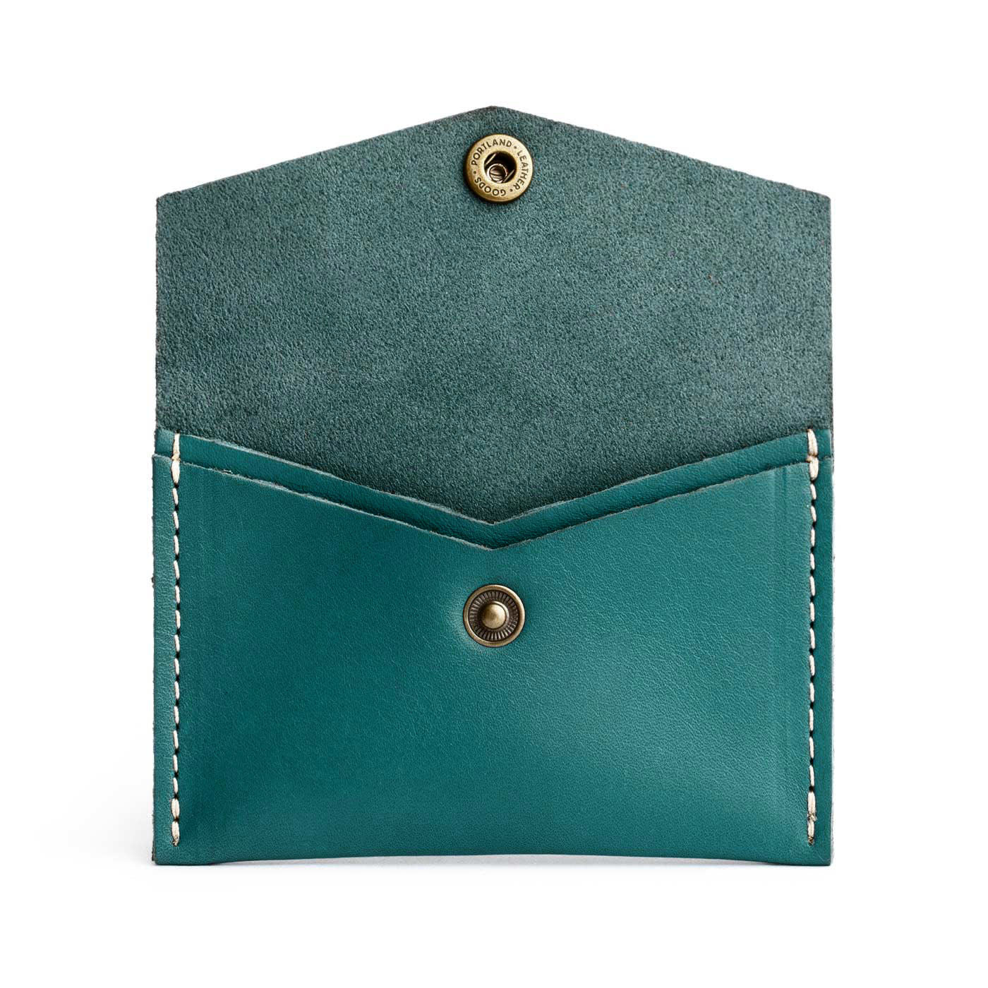 Peacock | Small leather card wallet with snap closure open