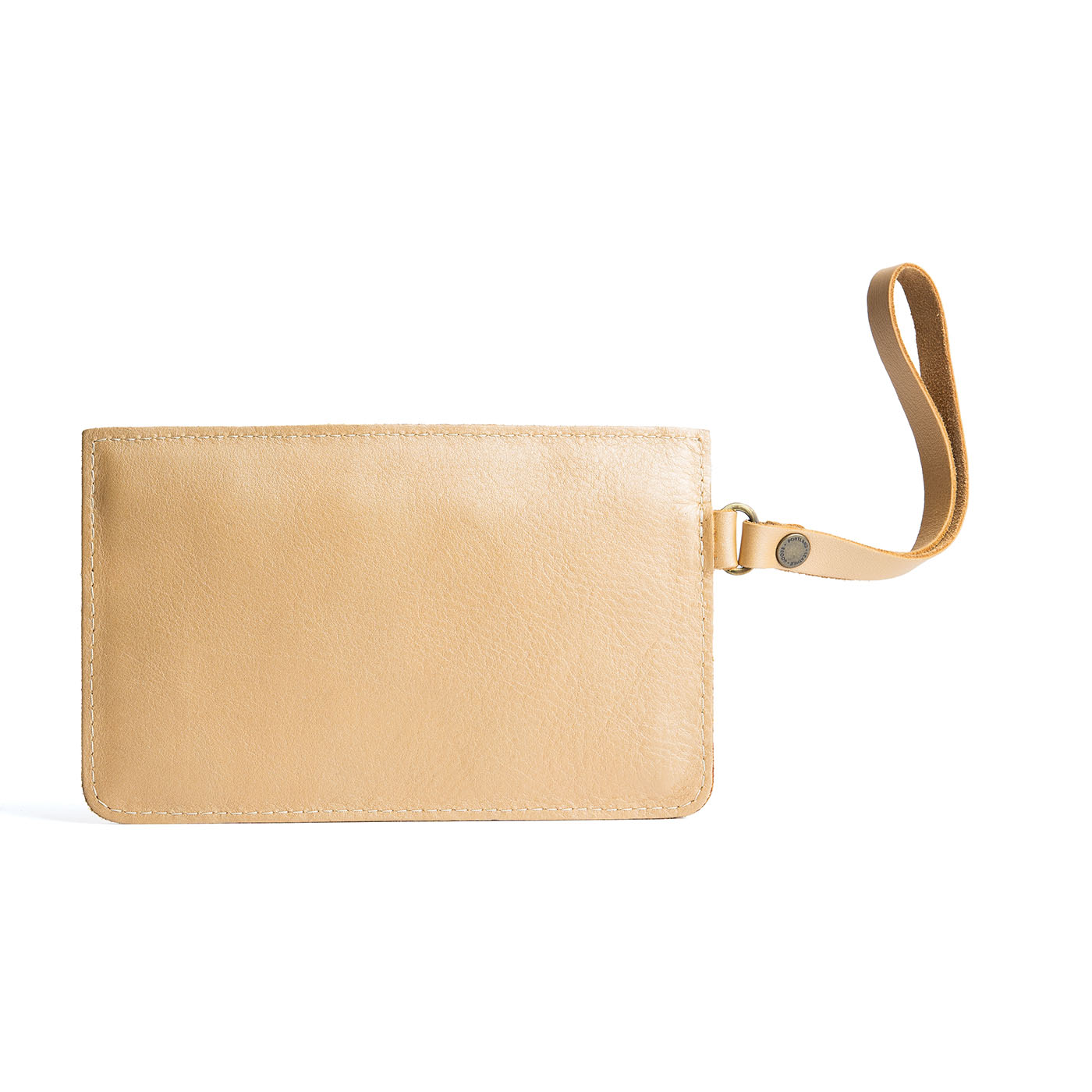 Champagne | Flat leather pouch with zipper and wristlet backside