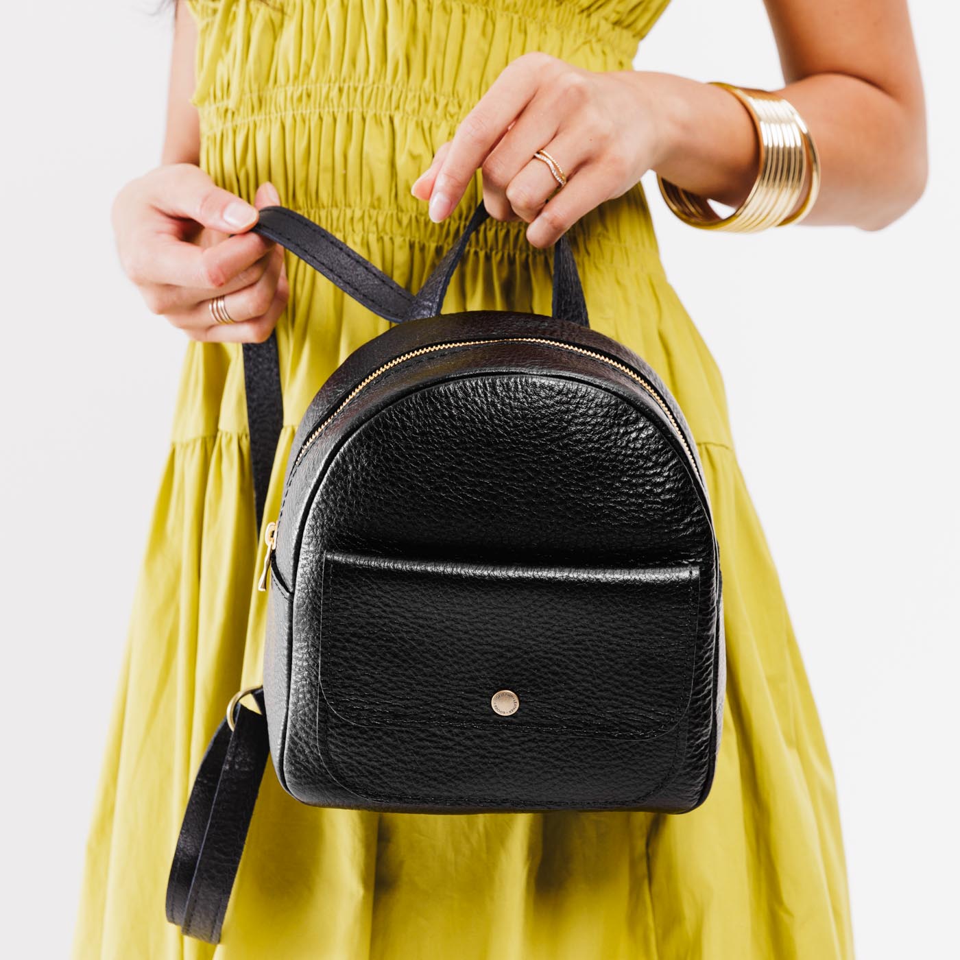 Pebbled--black | Small zip backpack with snap front pocket