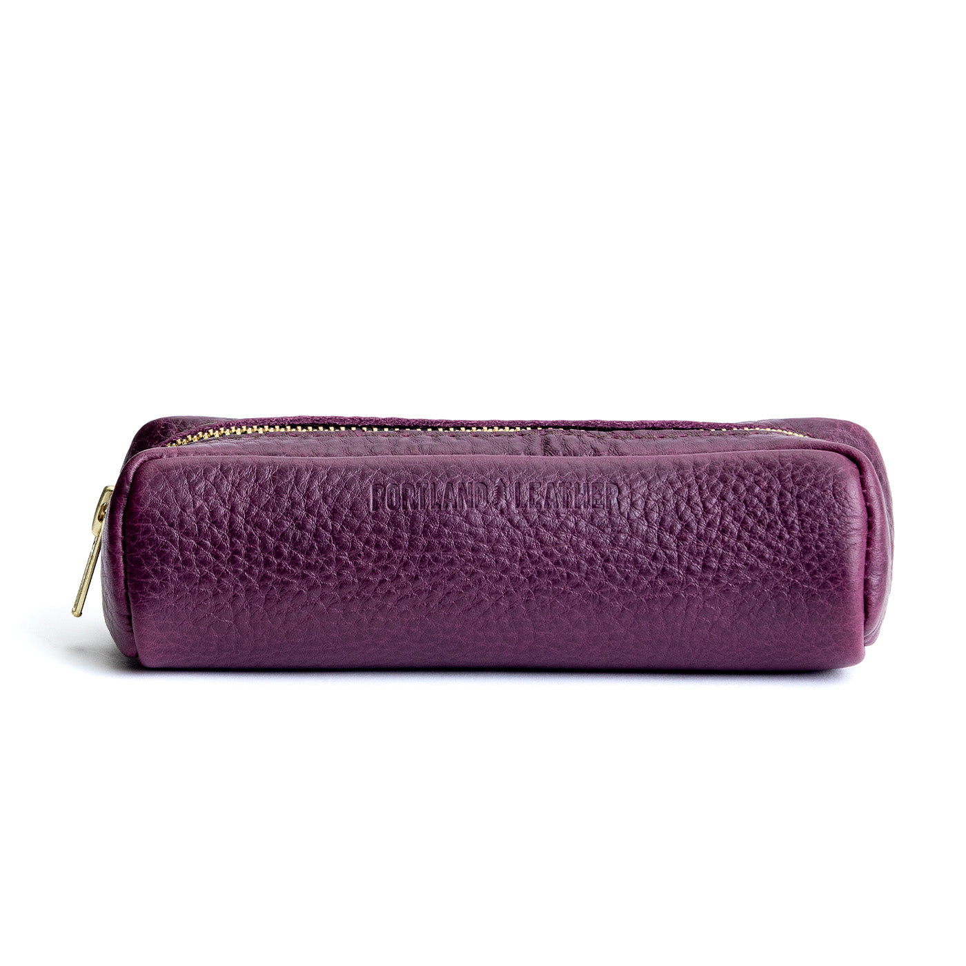 All Color: Plum | Leather pouch with a curved top and zipper