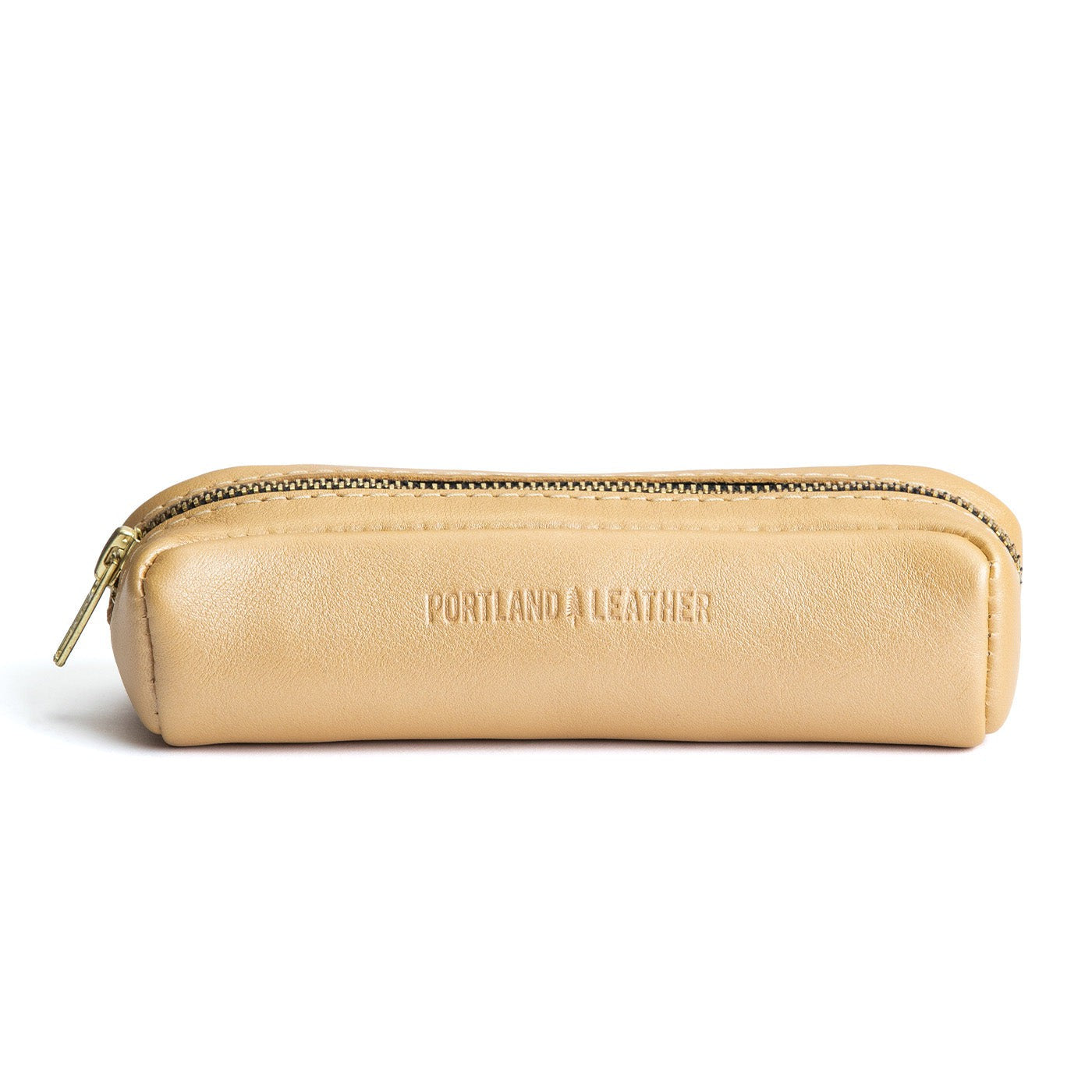 All Color: Champagne | Leather pouch with a curved top and zipper