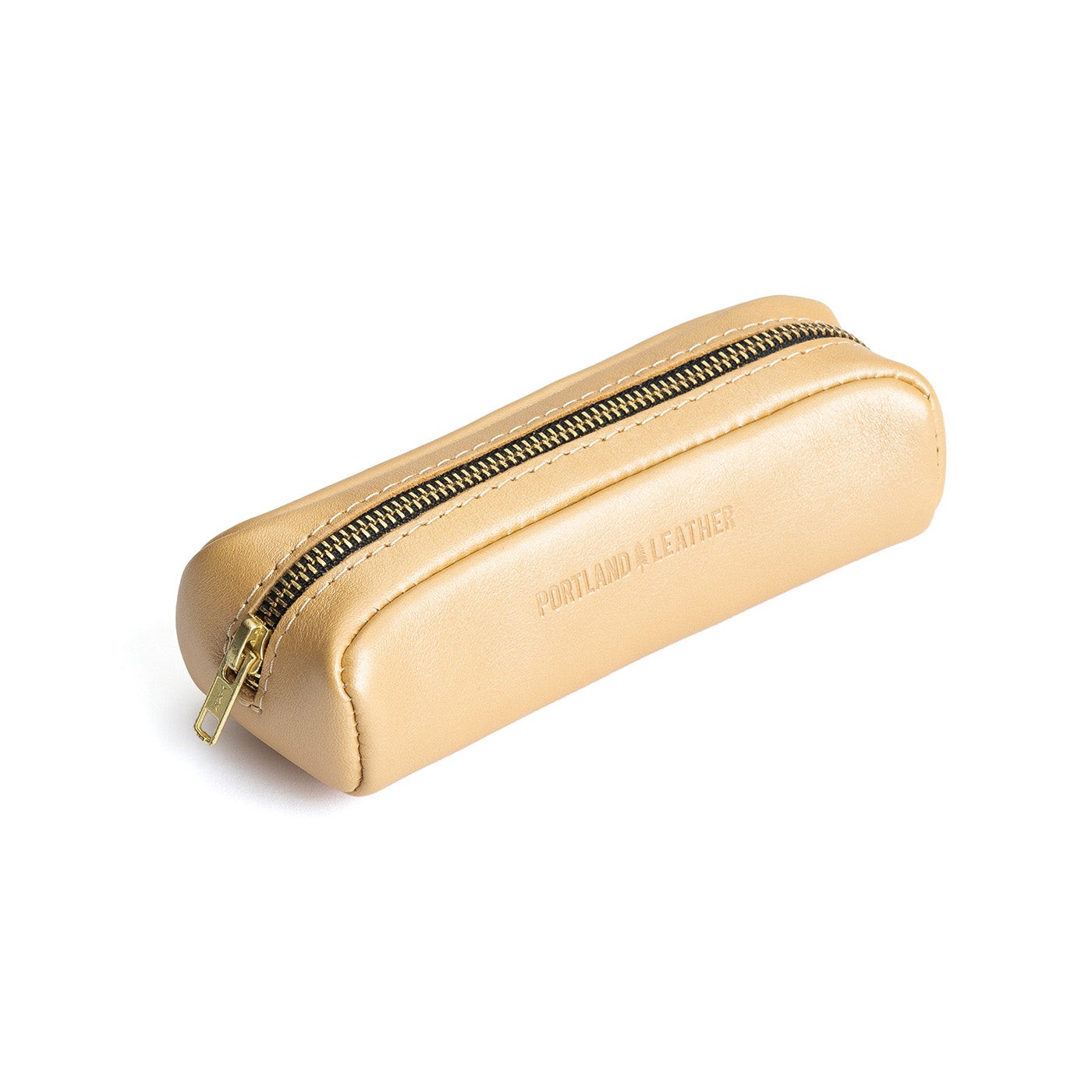 All Color: Champagne | Leather pouch with a curved top and zipper