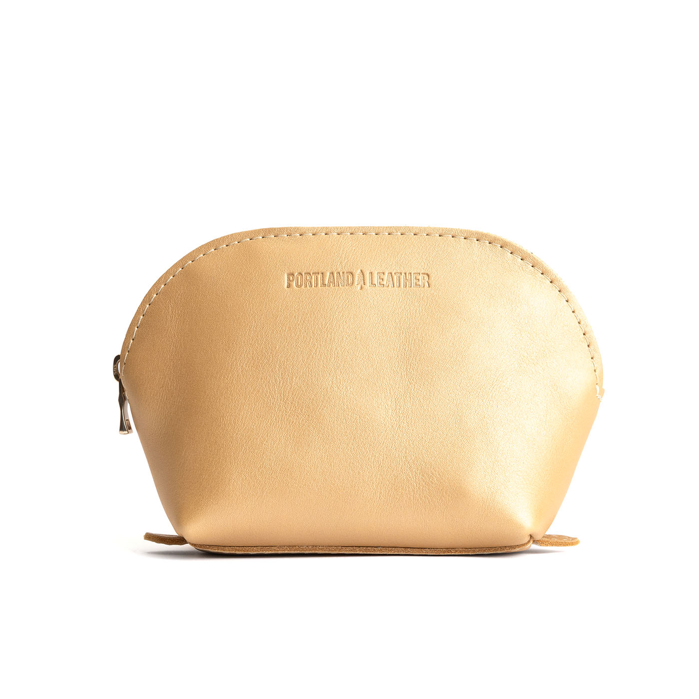 Champagne Bella | Leather makeup bag with curved top zipper and flat bottom