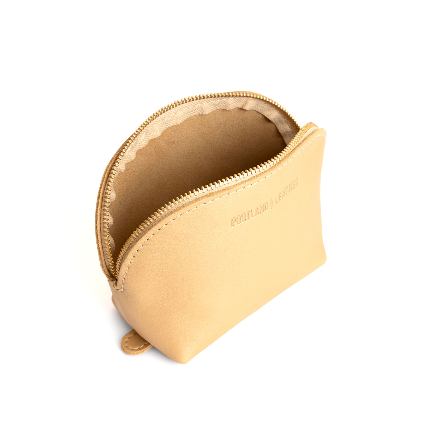 Champagne*Bella | Leather makeup bag with curved top zipper and flat bottom