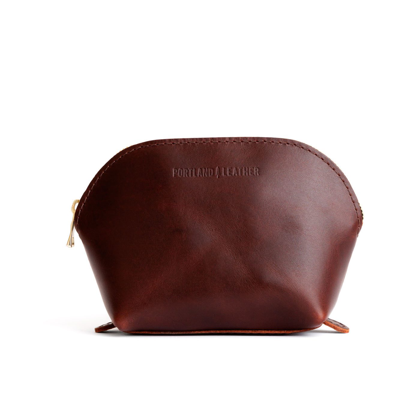 Cognac*Bella | Leather makeup bag with curved top zipper and flat bottom