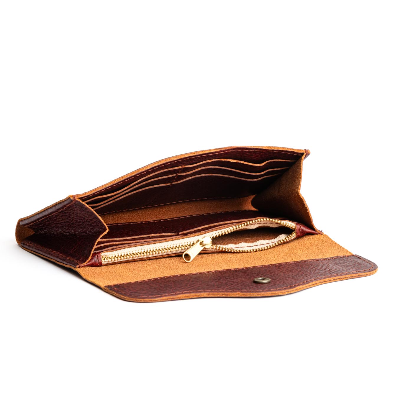 Cinnamon Bear | Large leather wallet with snap closure open