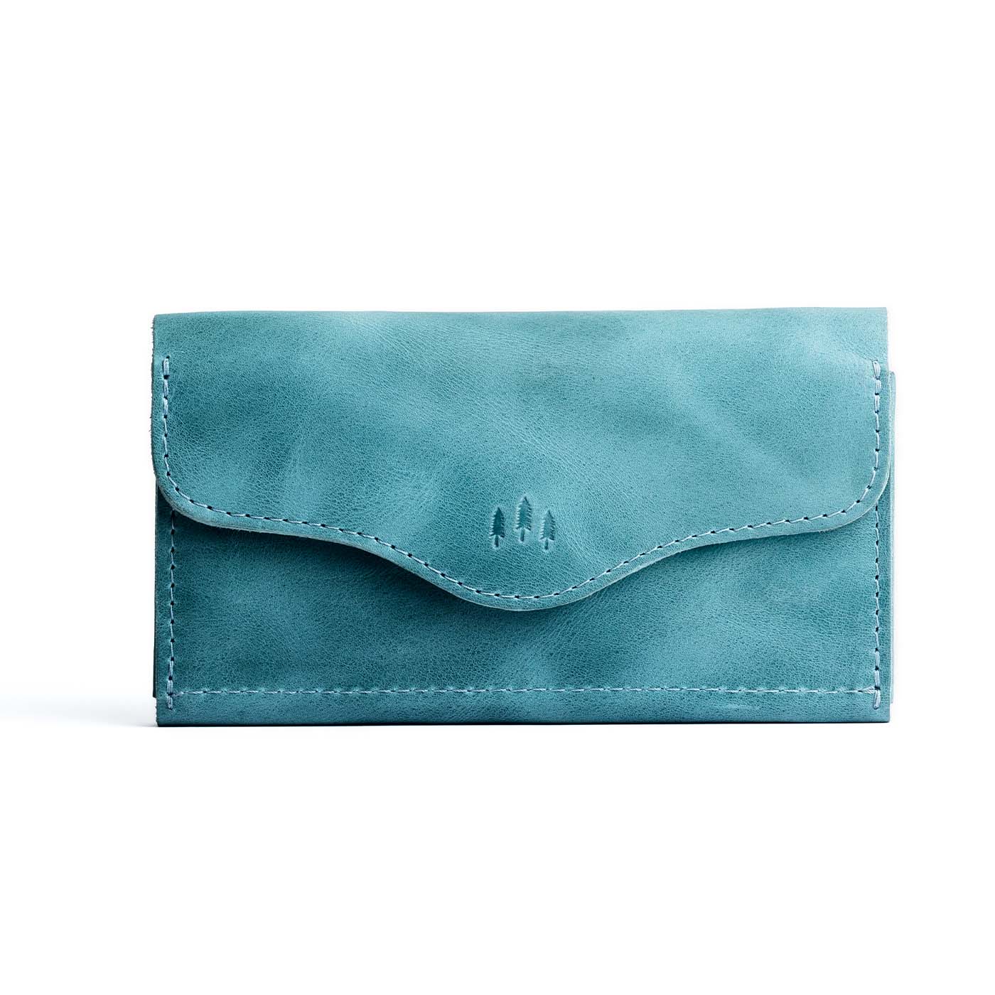 Aqua | Large leather wallet with snap closure and three trees debossed