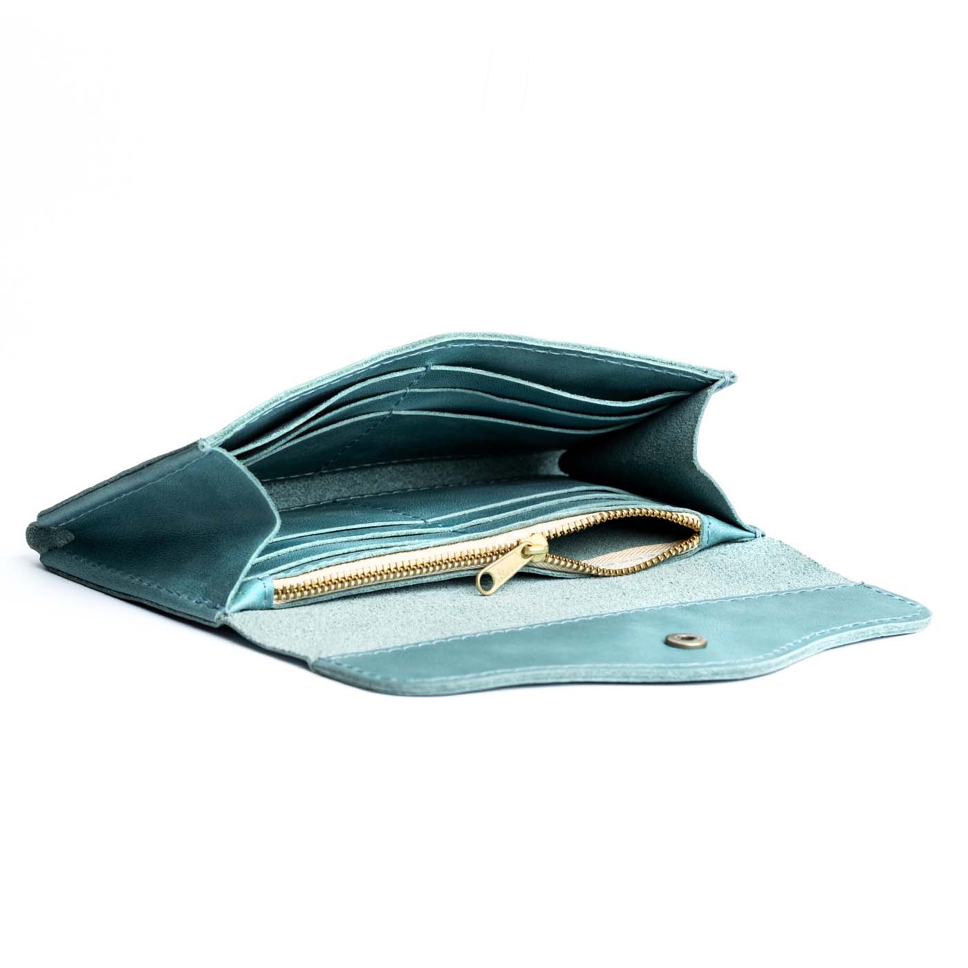 Aqua | Large leather wallet with snap closure open