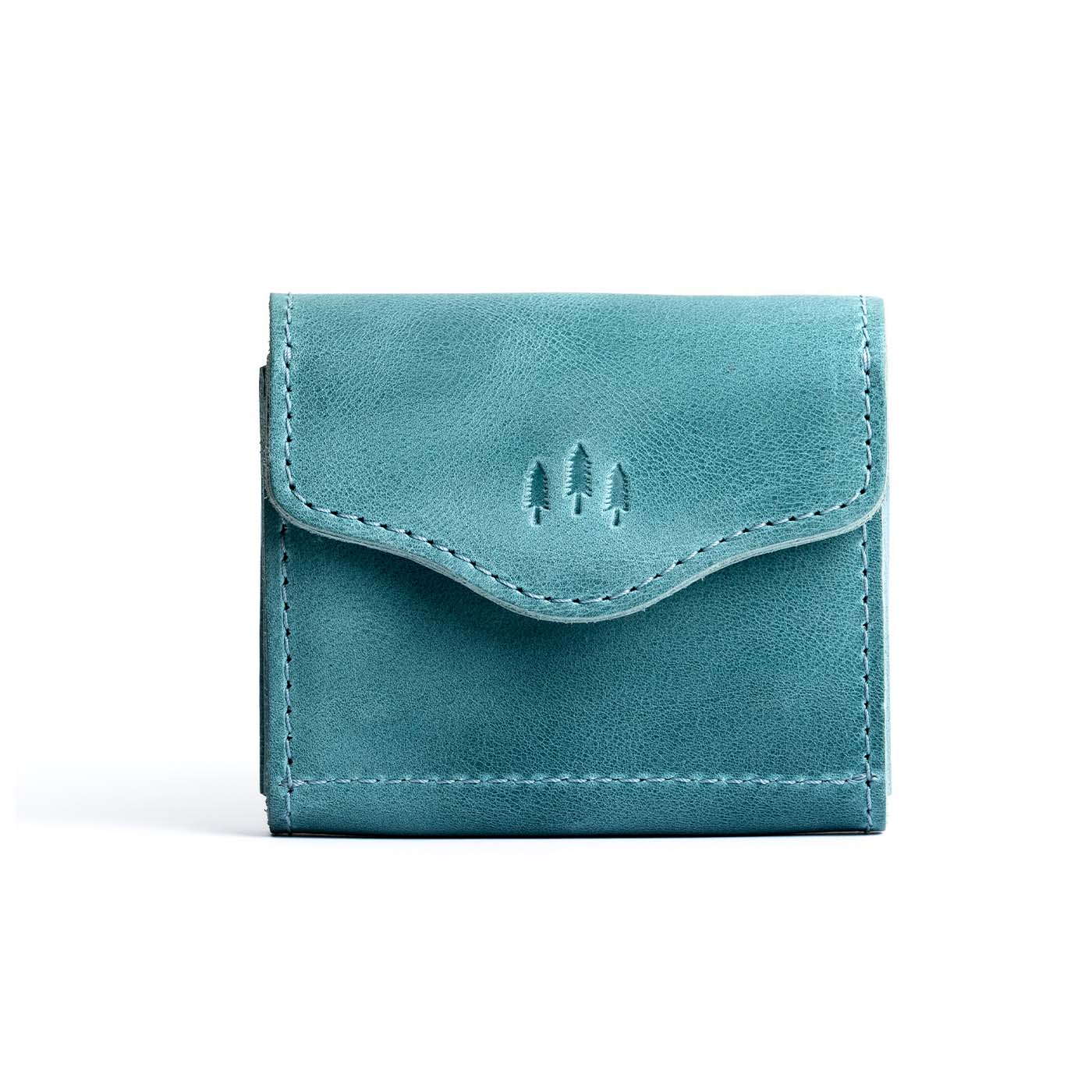 Aqua | Compact leather wallet with snap closure and three trees debossed