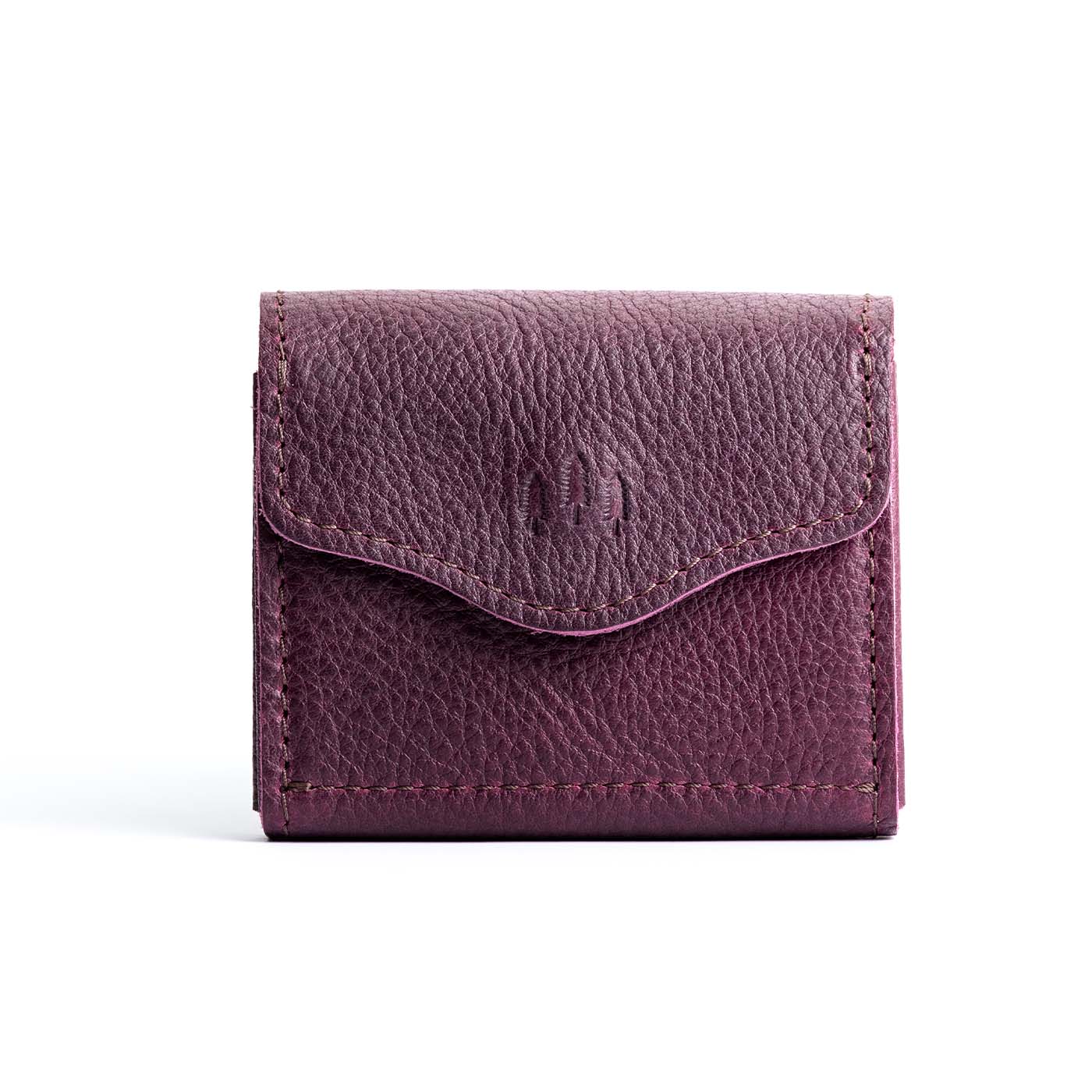 Plum | Compact leather wallet with snap closure and three trees debossed