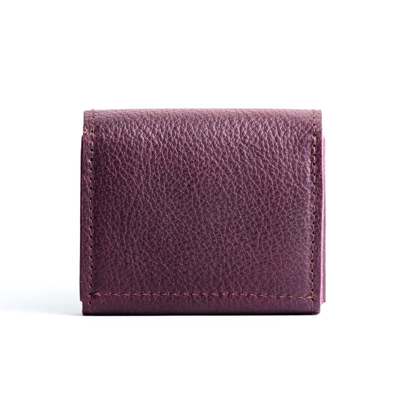 Plum | Backside of compact leather wallet with snap closure 