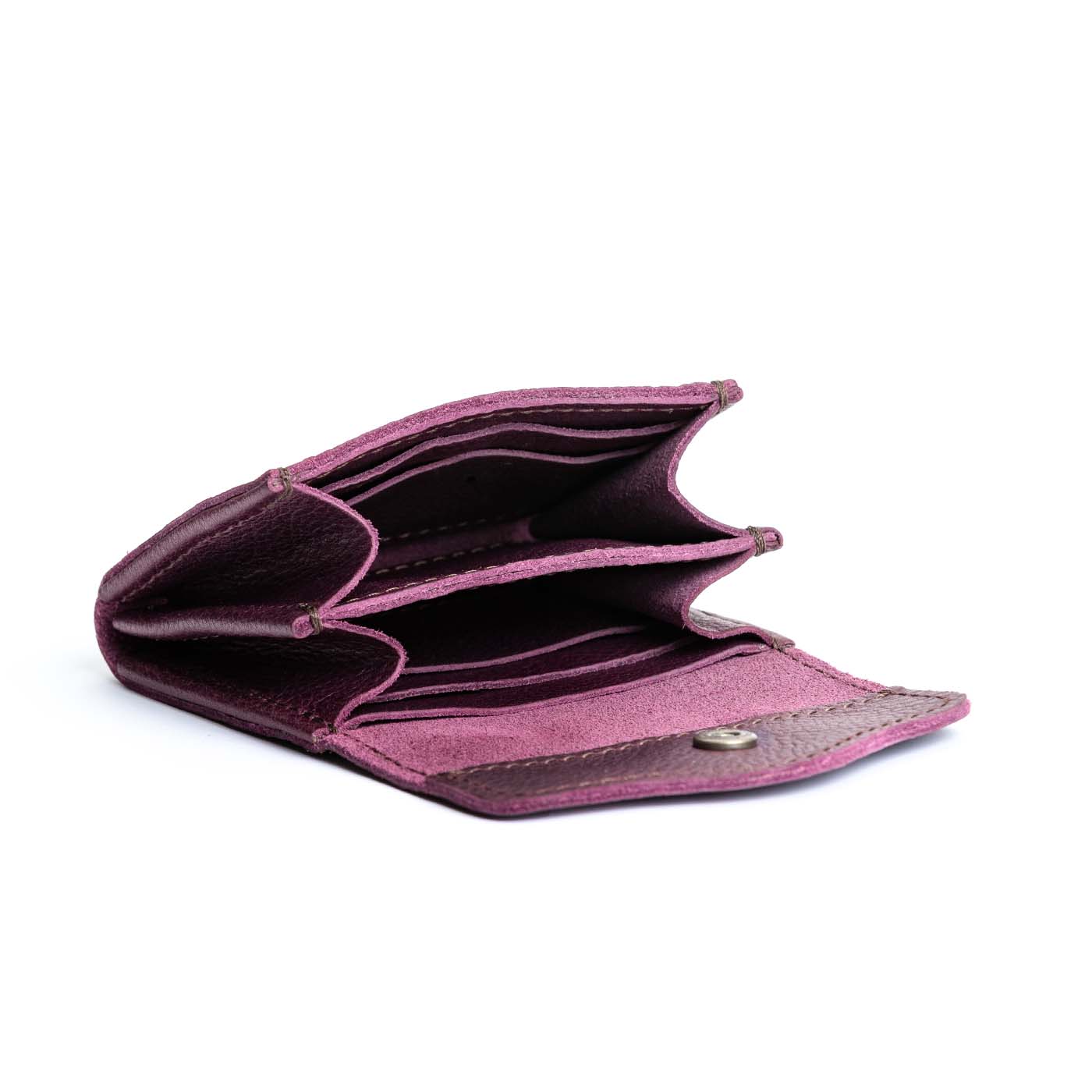 Plum | Compact leather wallet with snap closure open