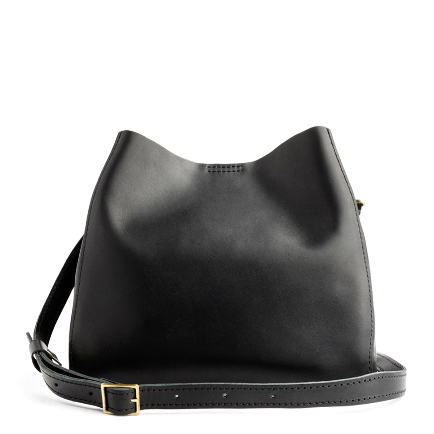 Black | symmetrical bucket bag with latch closure and removable crossbody strap