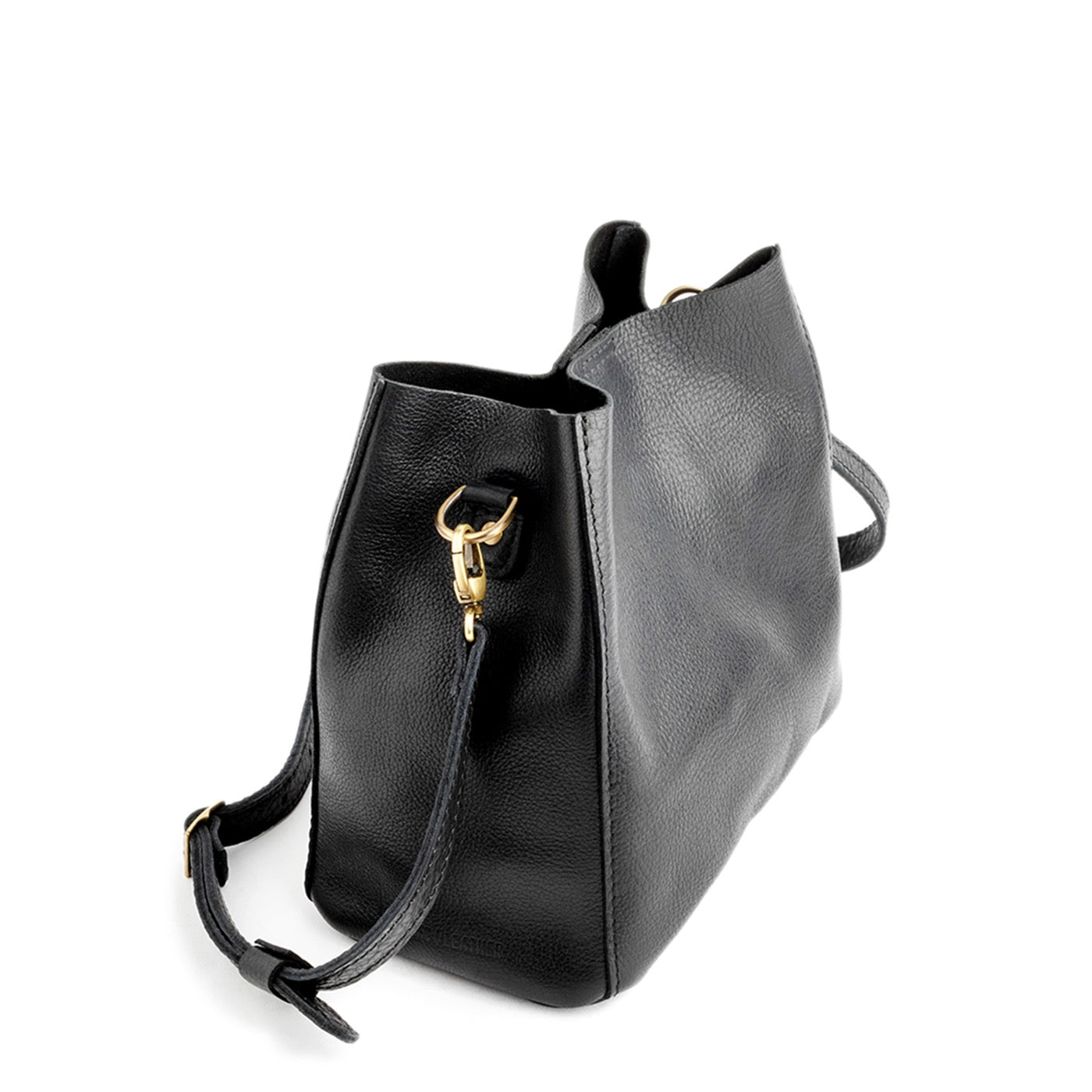 Pebbled--black | symmetrical bucket bag with latch closure and removable crossbody strap