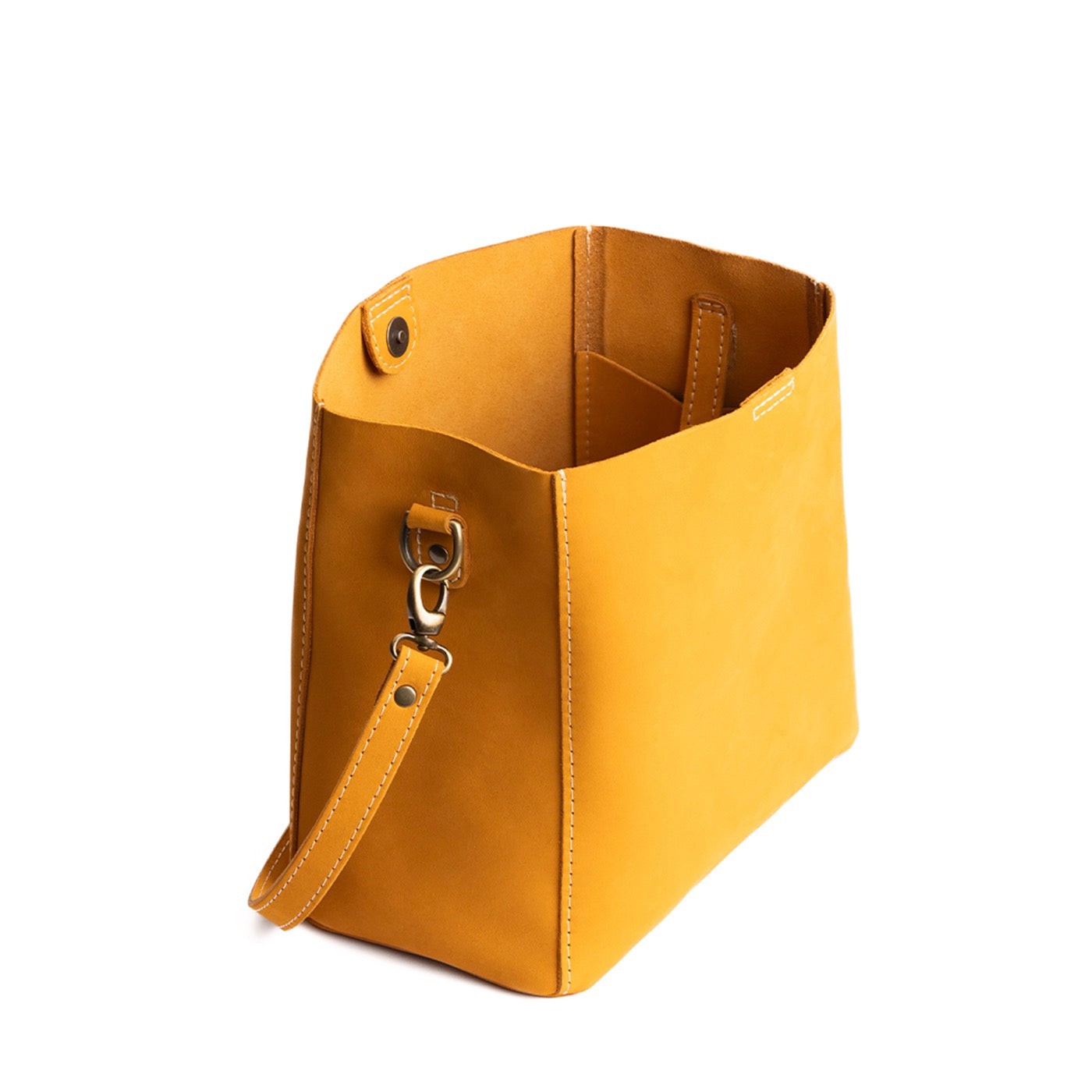 Turmeric | symmetrical bucket bag with latch closure and removable crossbody strap