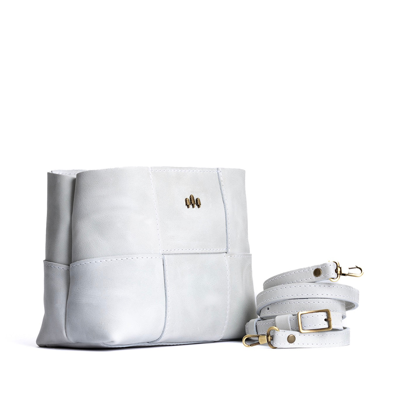 Beluga*Small | Structured woven leather bag with three metal tree emblems and crossbody strap