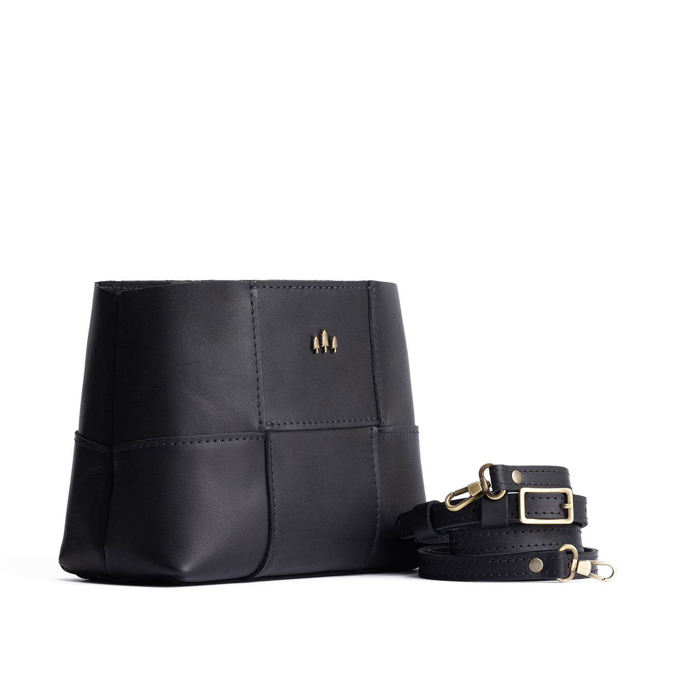 Black Small | Structured woven leather bag with three metal tree emblems and crossbody strap