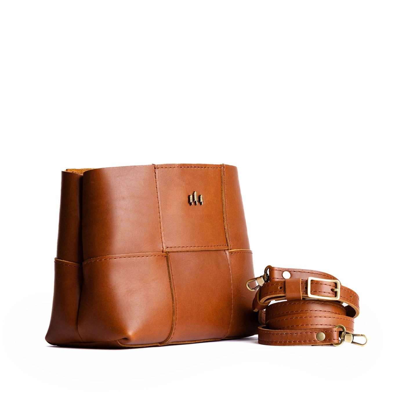 Honey*Small | Structured woven leather bag with three metal tree emblems and crossbody strap