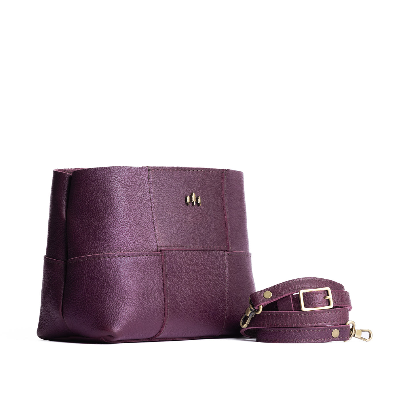 Plum*Small | Structured woven leather bag with three metal tree emblems and crossbody strap