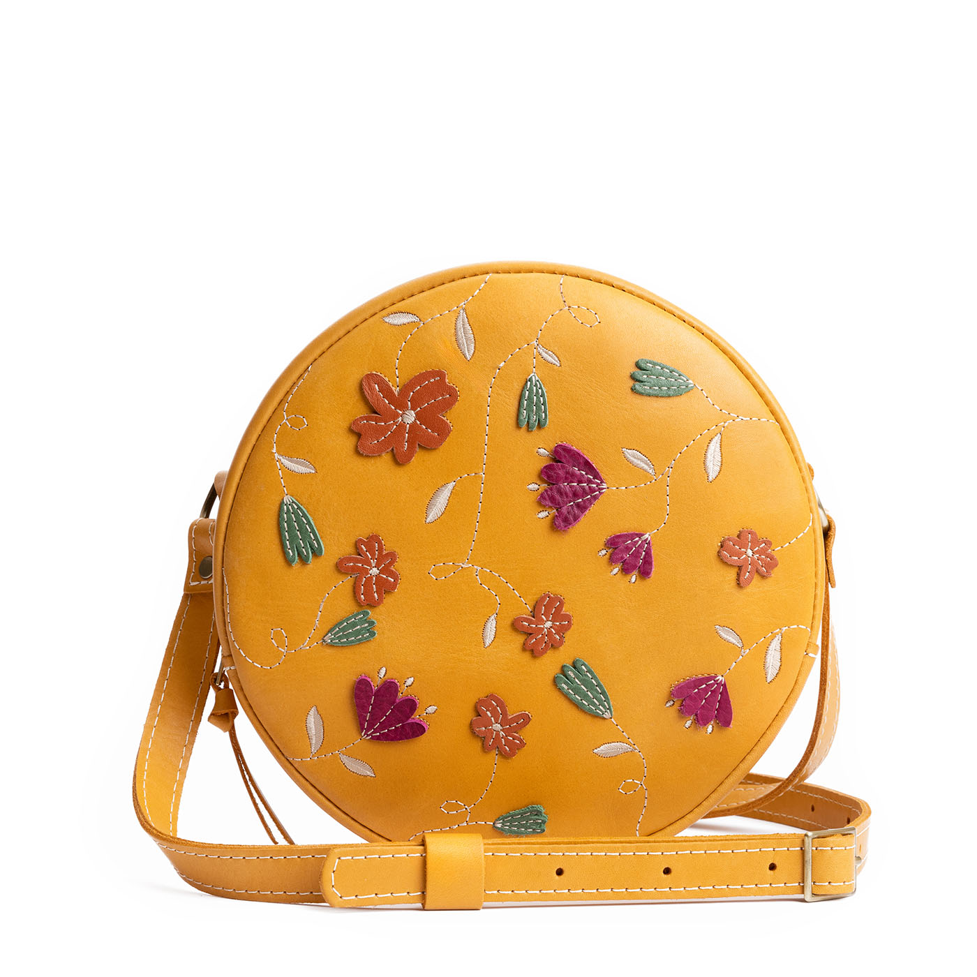 Folklore Sunflower Large | Circle shaped crossbody bag with embroidered flower design