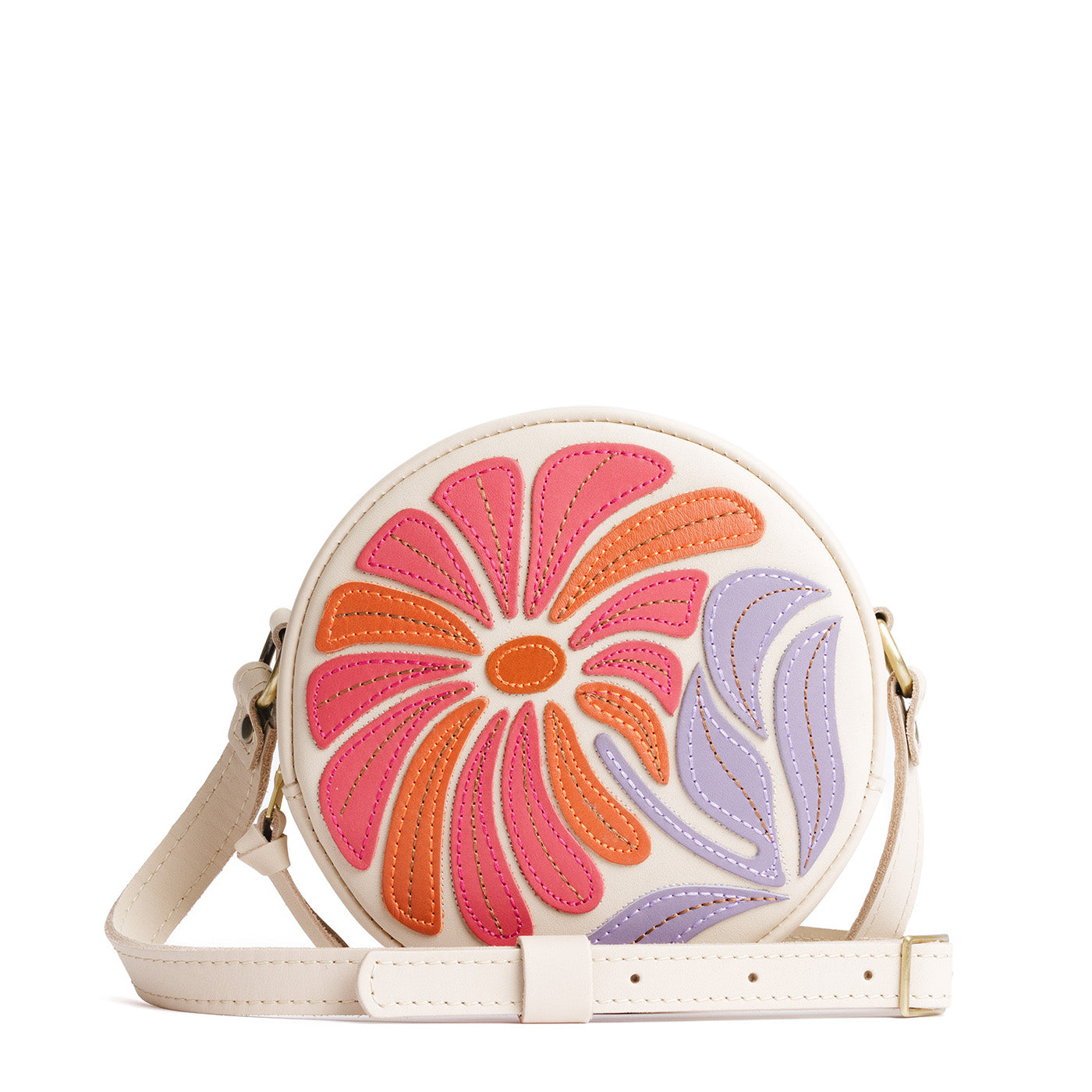 Wildflower Bone*Small | Circle shaped crossbody bag with large flower embroidered design