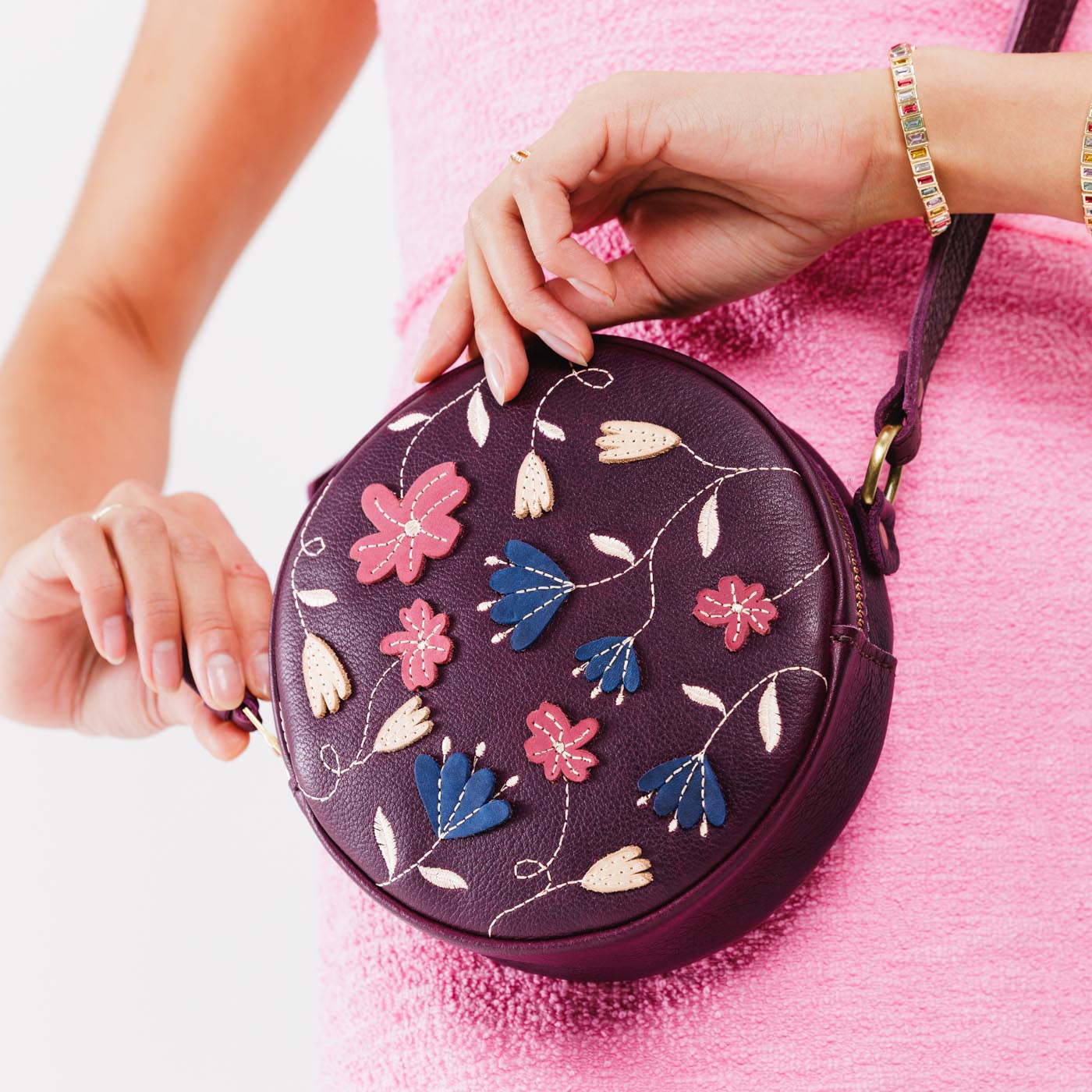 Folklore Plum*Small | Circle shaped crossbody bag with embroidered flower design