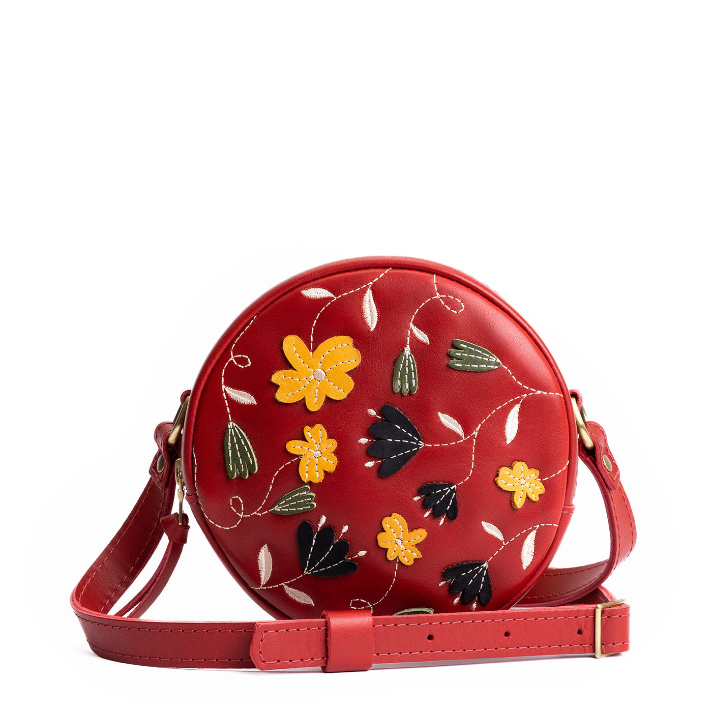 Folklore Ruby*Small | Circle shaped crossbody bag with embroidered flower design