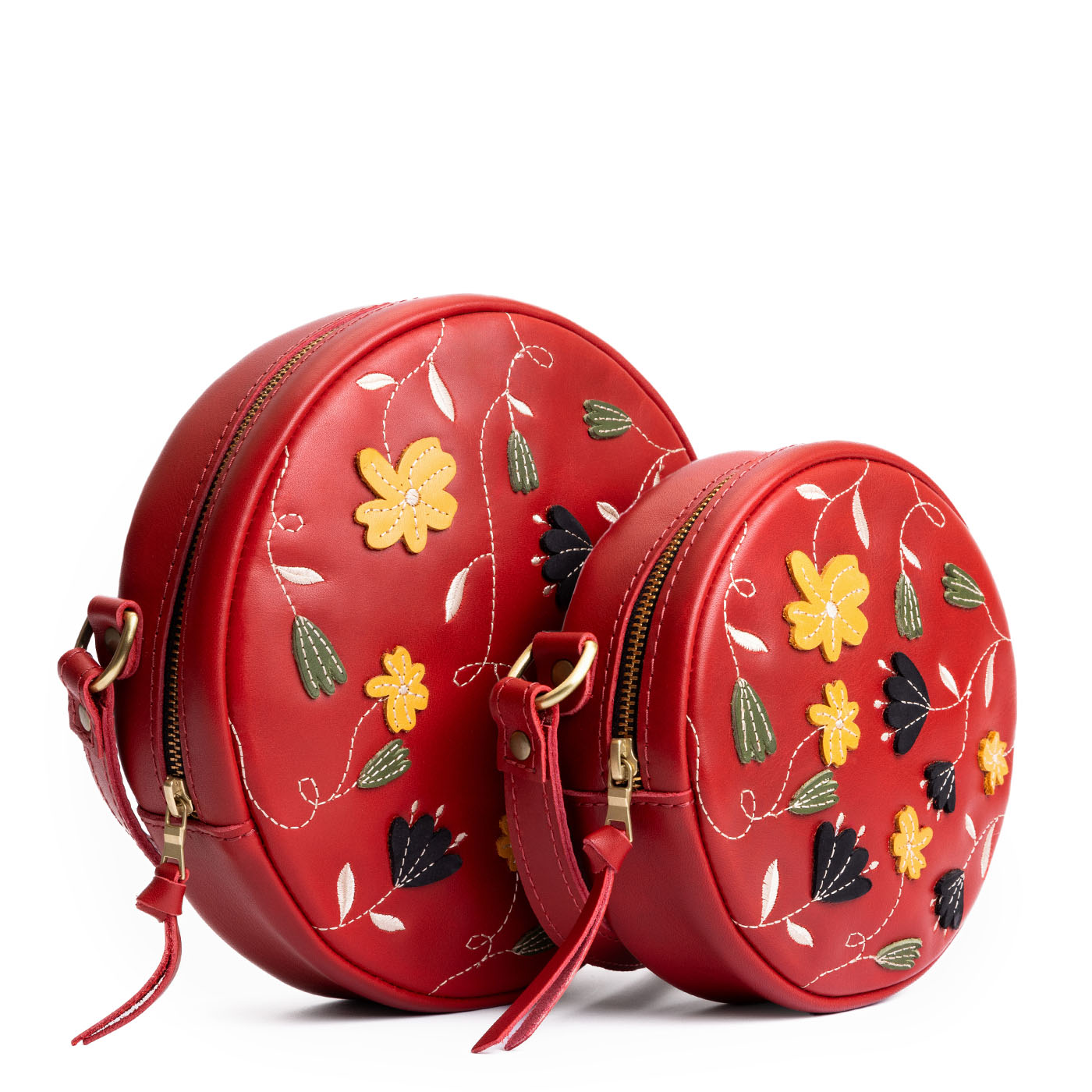 Folklore Ruby | Circle shaped crossbody bag with embroidered flower design