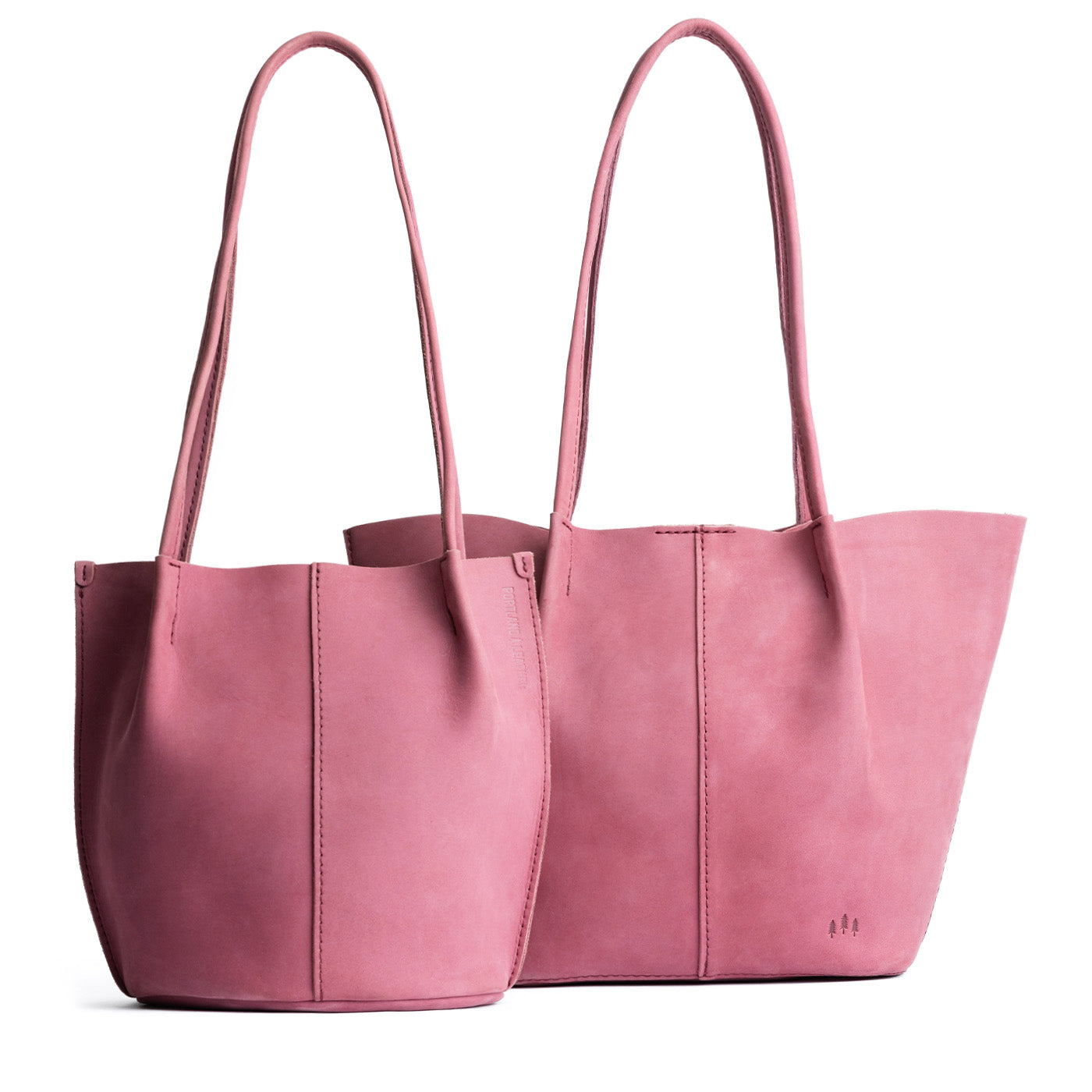 Foxglove | Size comparison of classic and large bucket shaped tote bags with matching leather handles