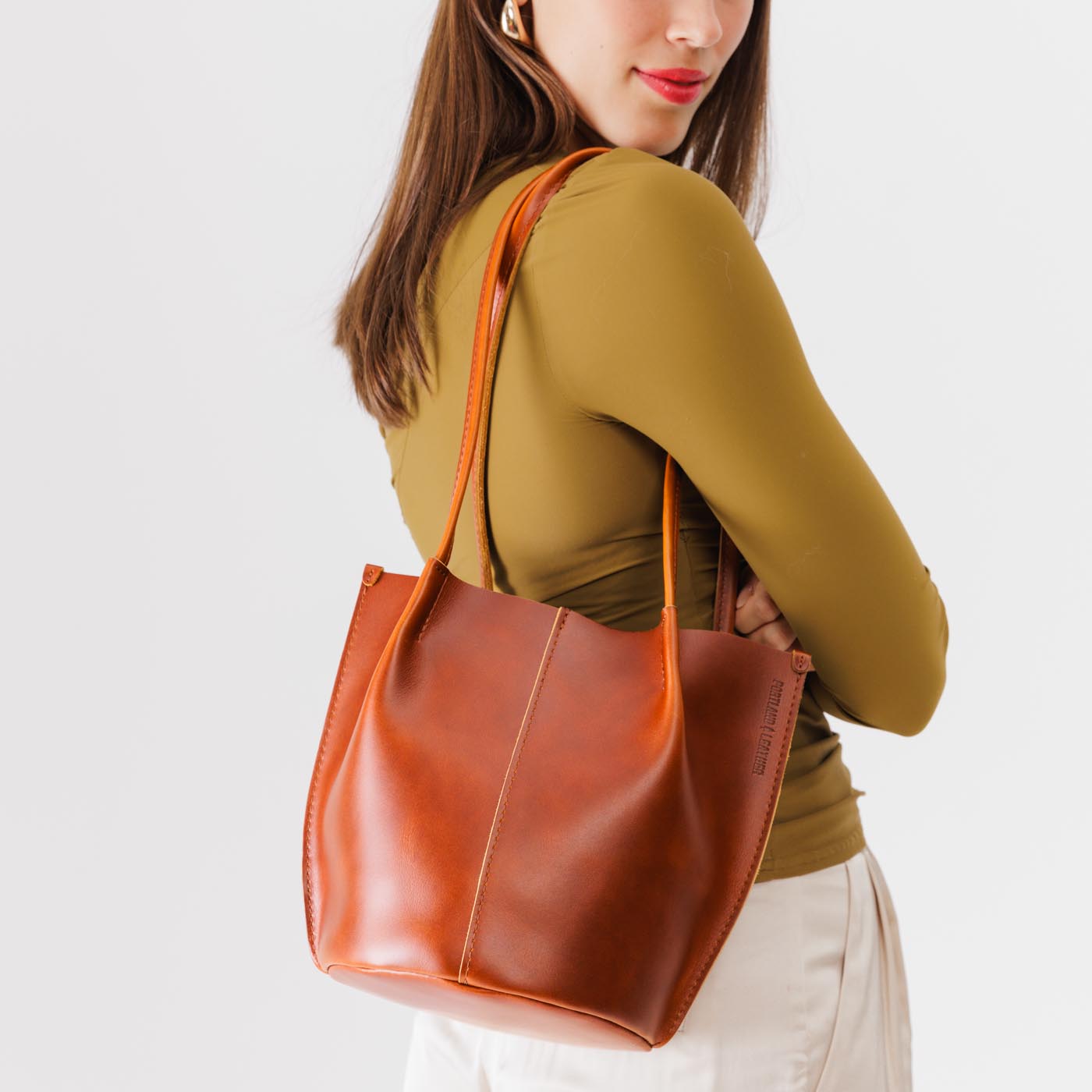 Madrone Classic | Petite bucket shaped tote bag with matching leather handles