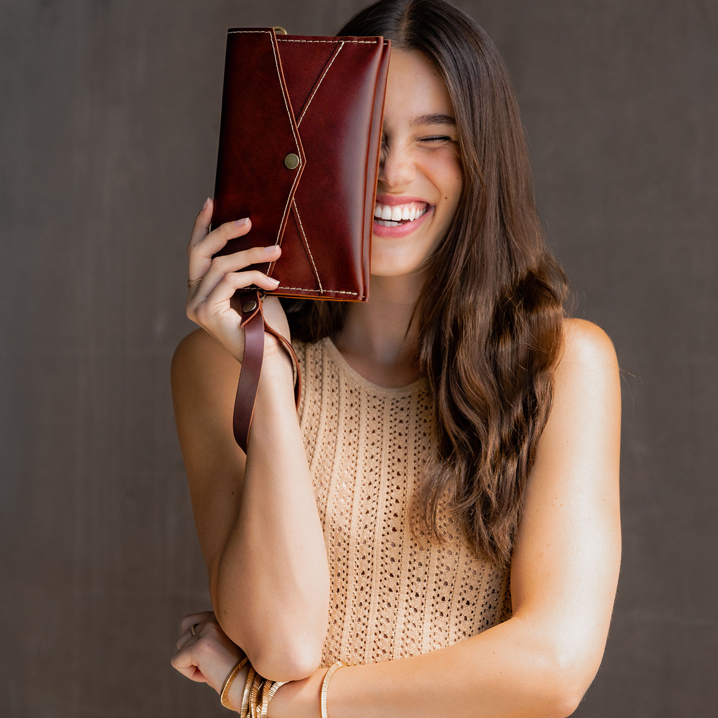  Cognac | Envelope shaped clutch wallet with crossbody strap