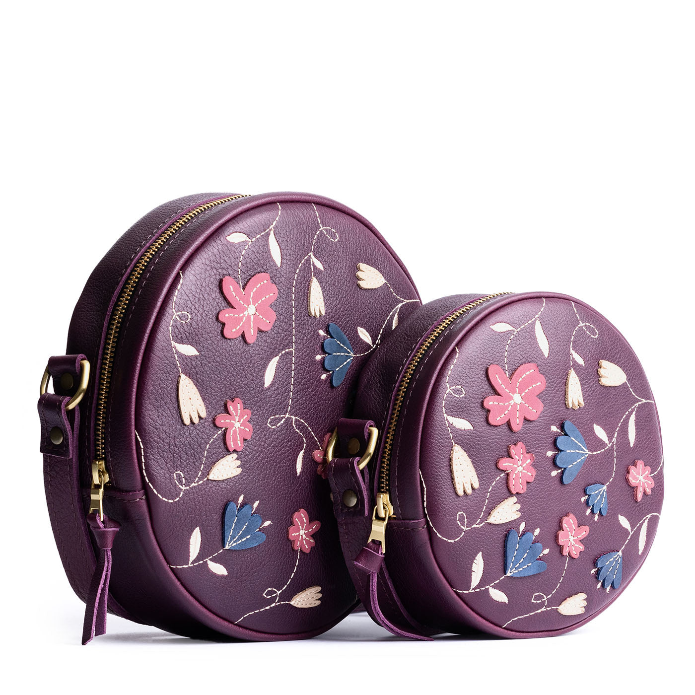 Folklore Plum | Circle shaped crossbody bag with embroidered flower design