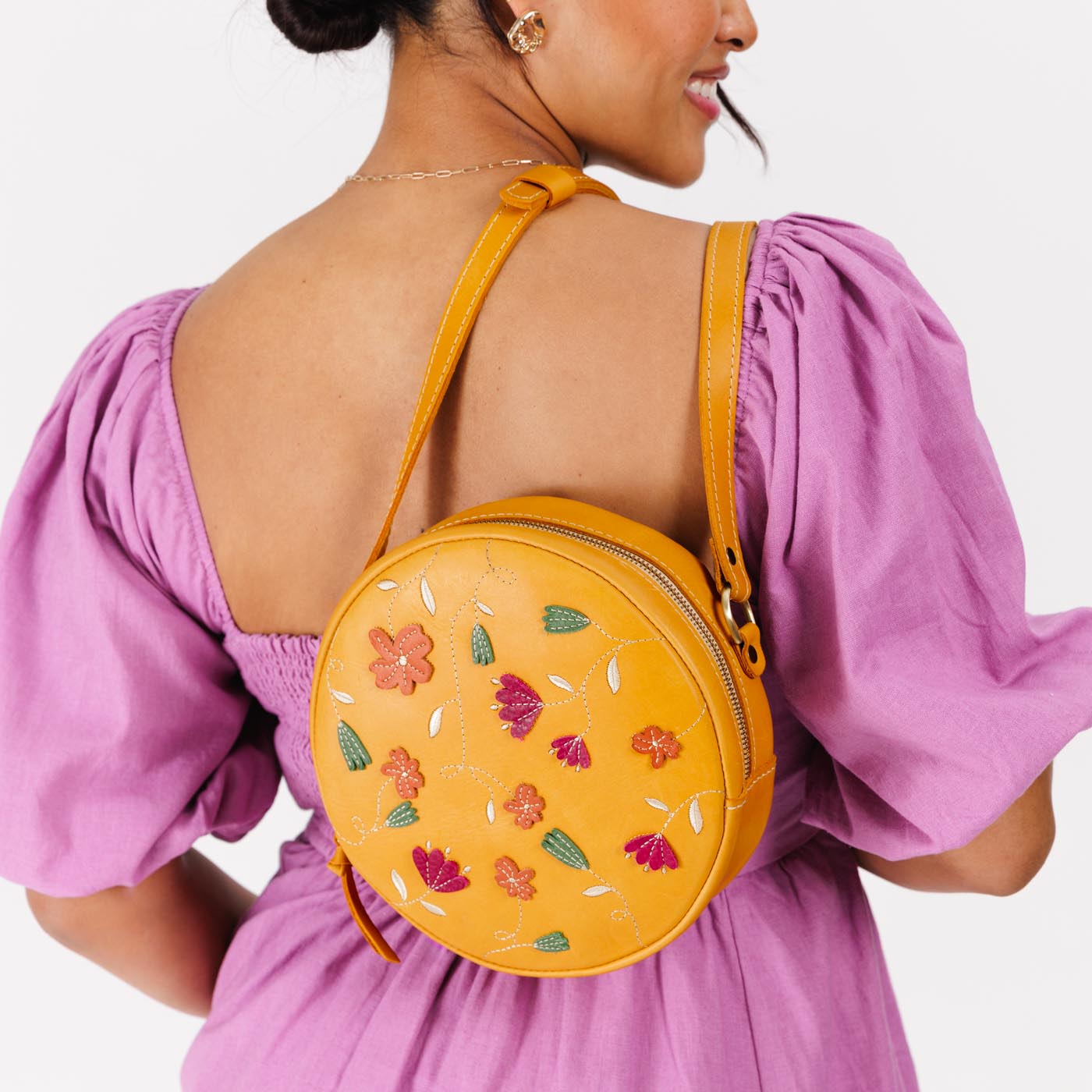 Folklore Sunflower*Large | Circle shaped crossbody bag with embroidered flower design