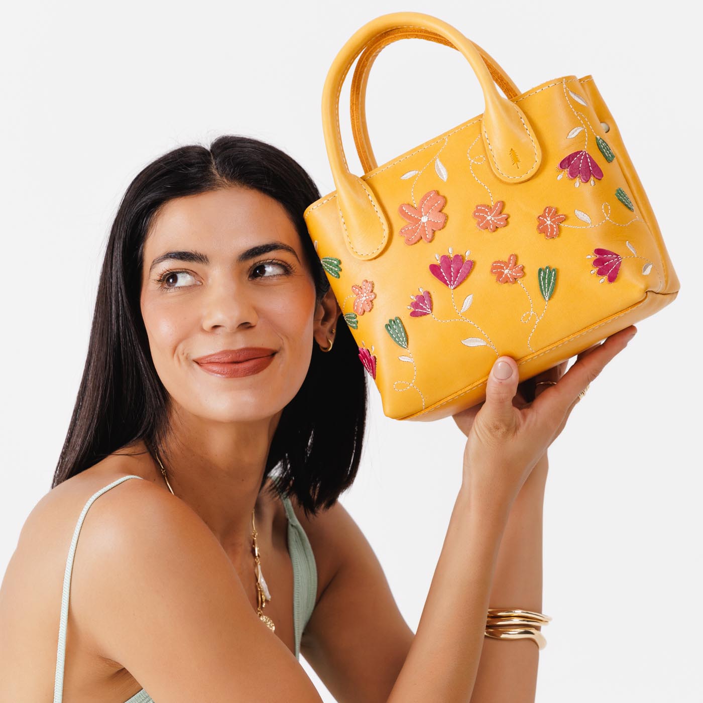 Folklore Sunflower Small | Petite tote purse with embroidered flower design, structured leather handles, and crossbody strap