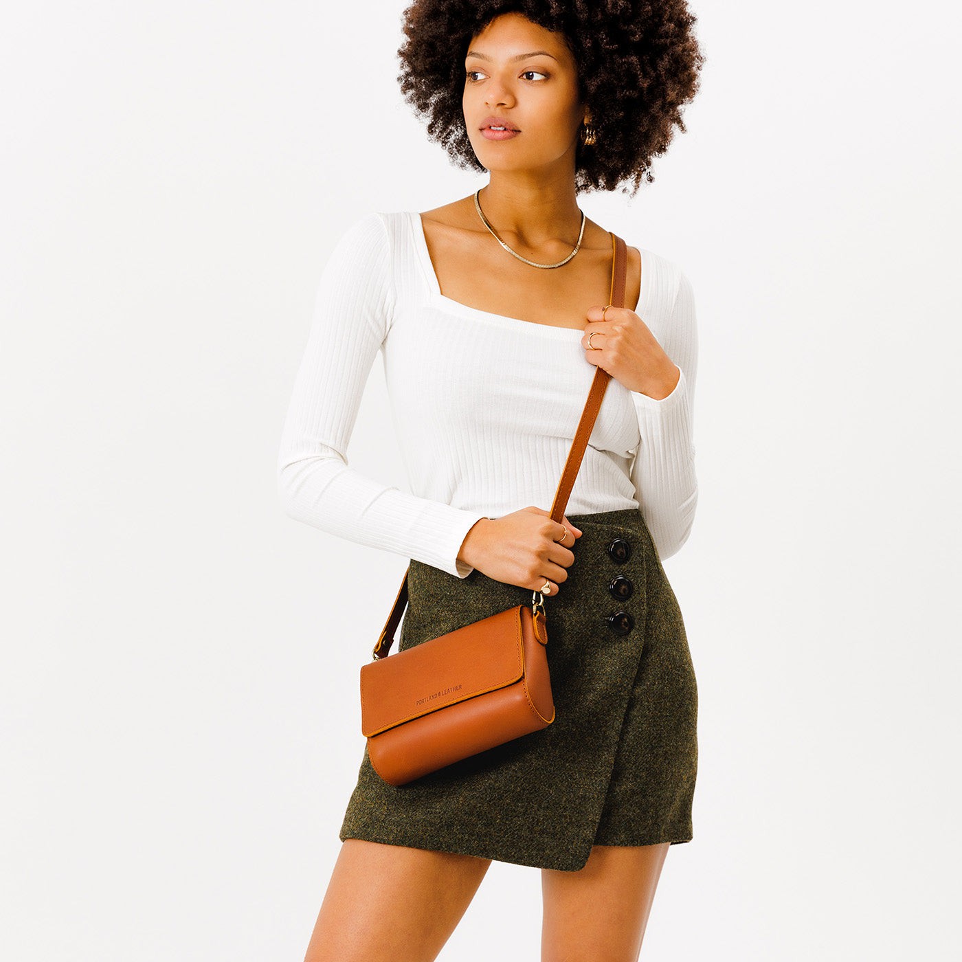 Honey*Mini | Model Wearing Small Leather Crossbody Bag with Magnetic Messenger Bag Closure