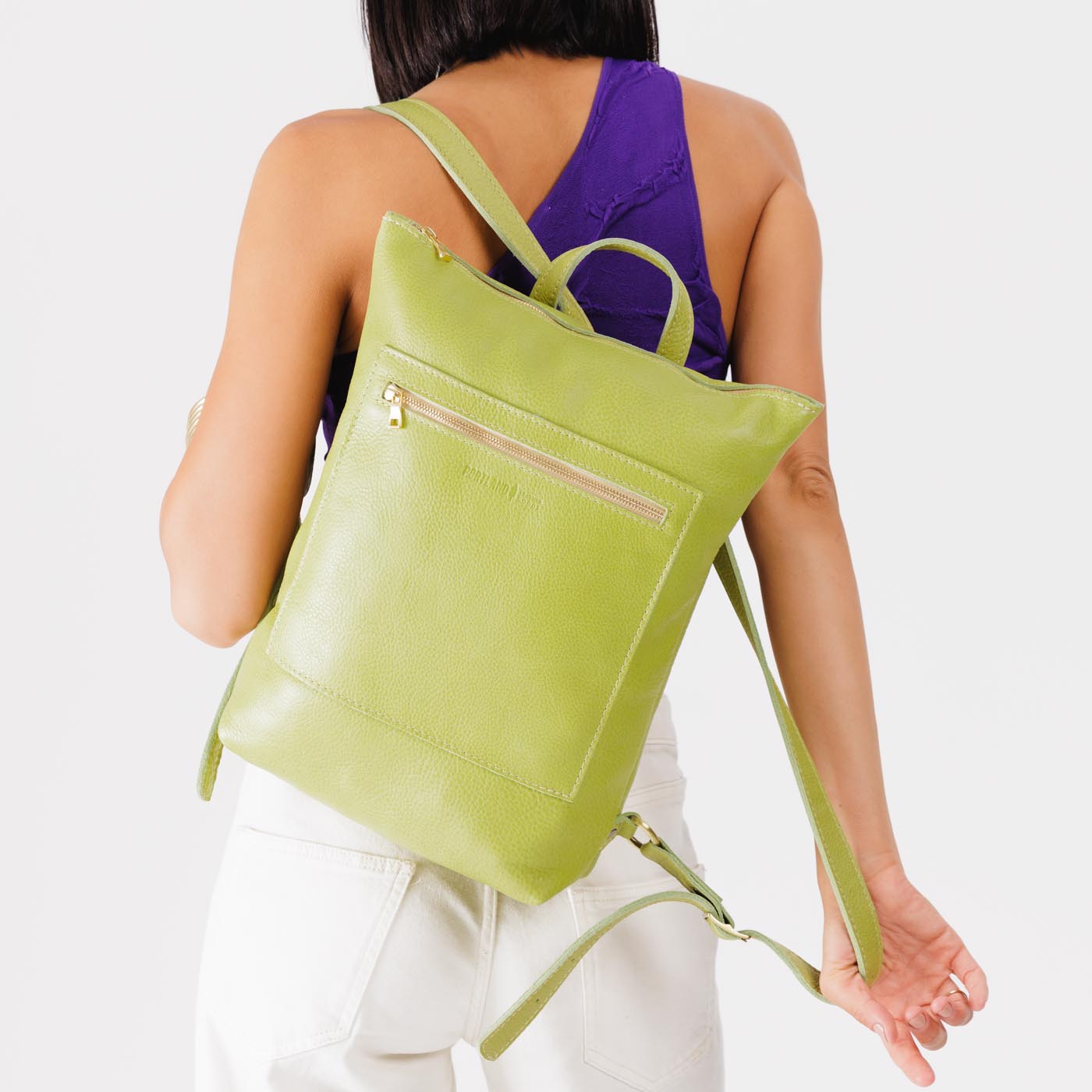 Sugar Snap | Model wearing rectangular slim leather laptop backpack