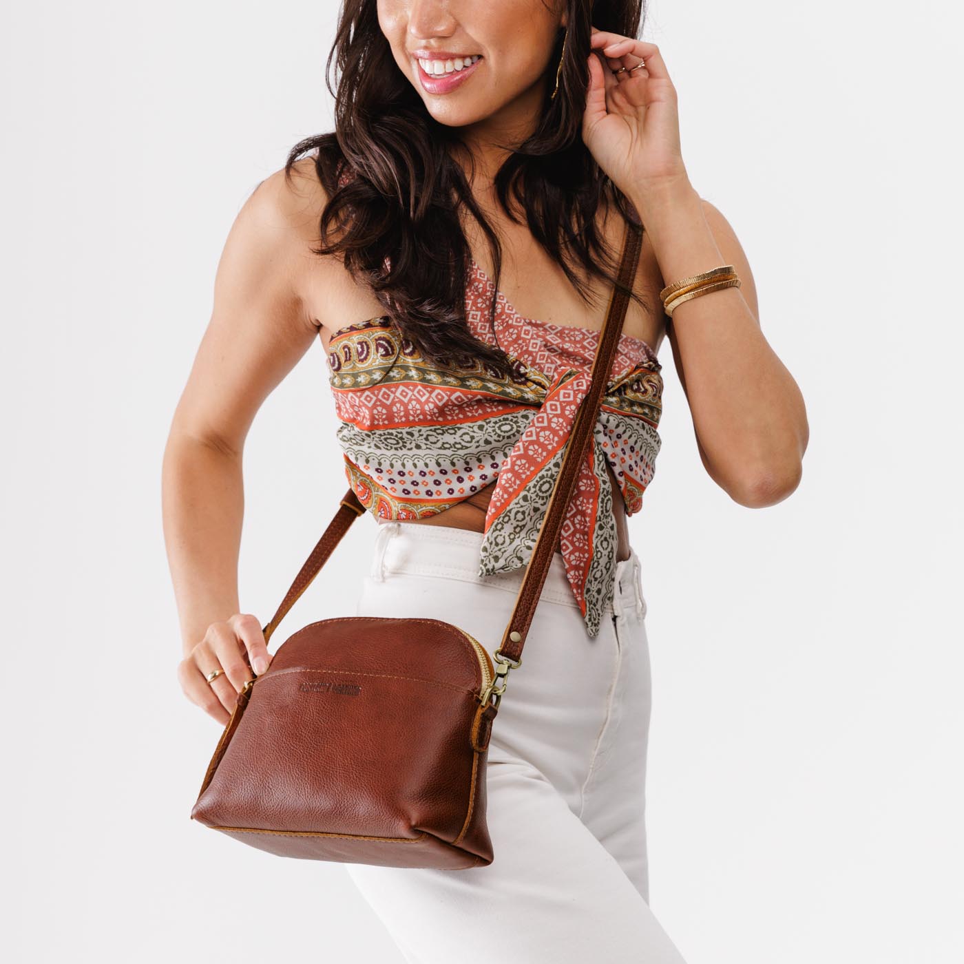 Nutmeg*Large | Dome shaped crossbody purse with front pocket and removable strap