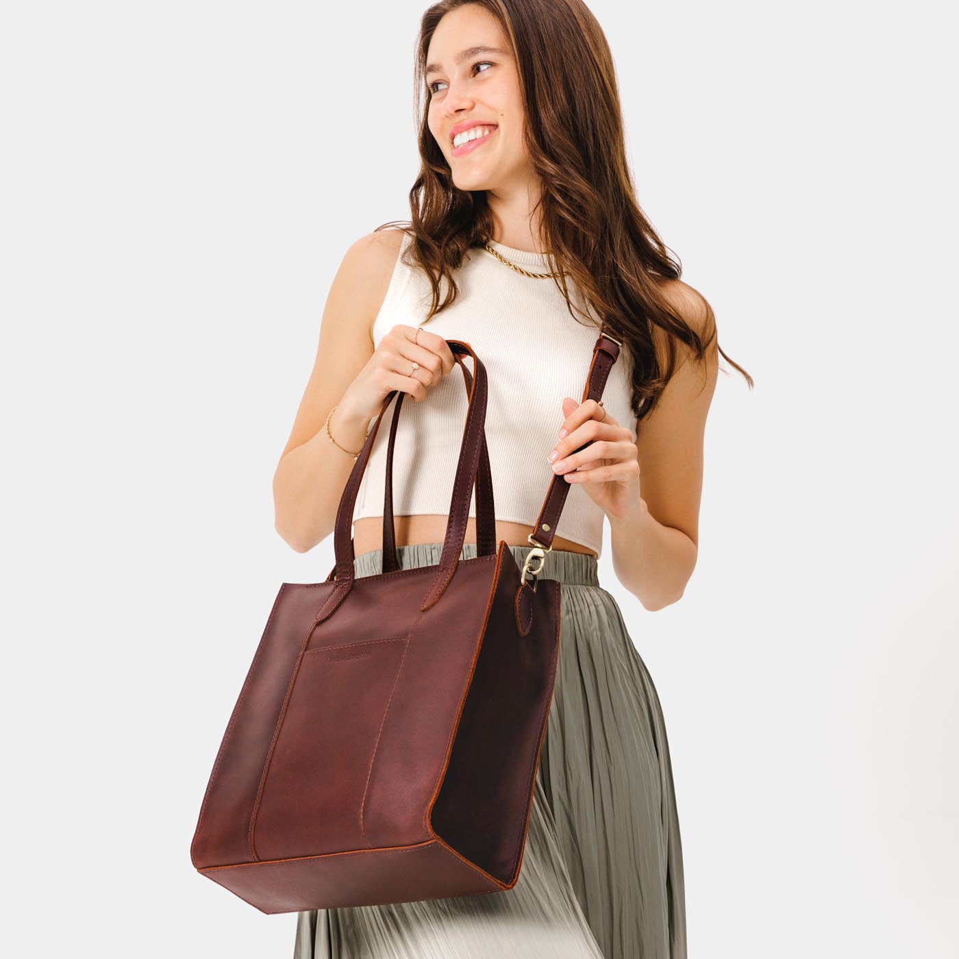  Cognac*North/South | Structured large tote bag with overlapping panels and crossbody strap