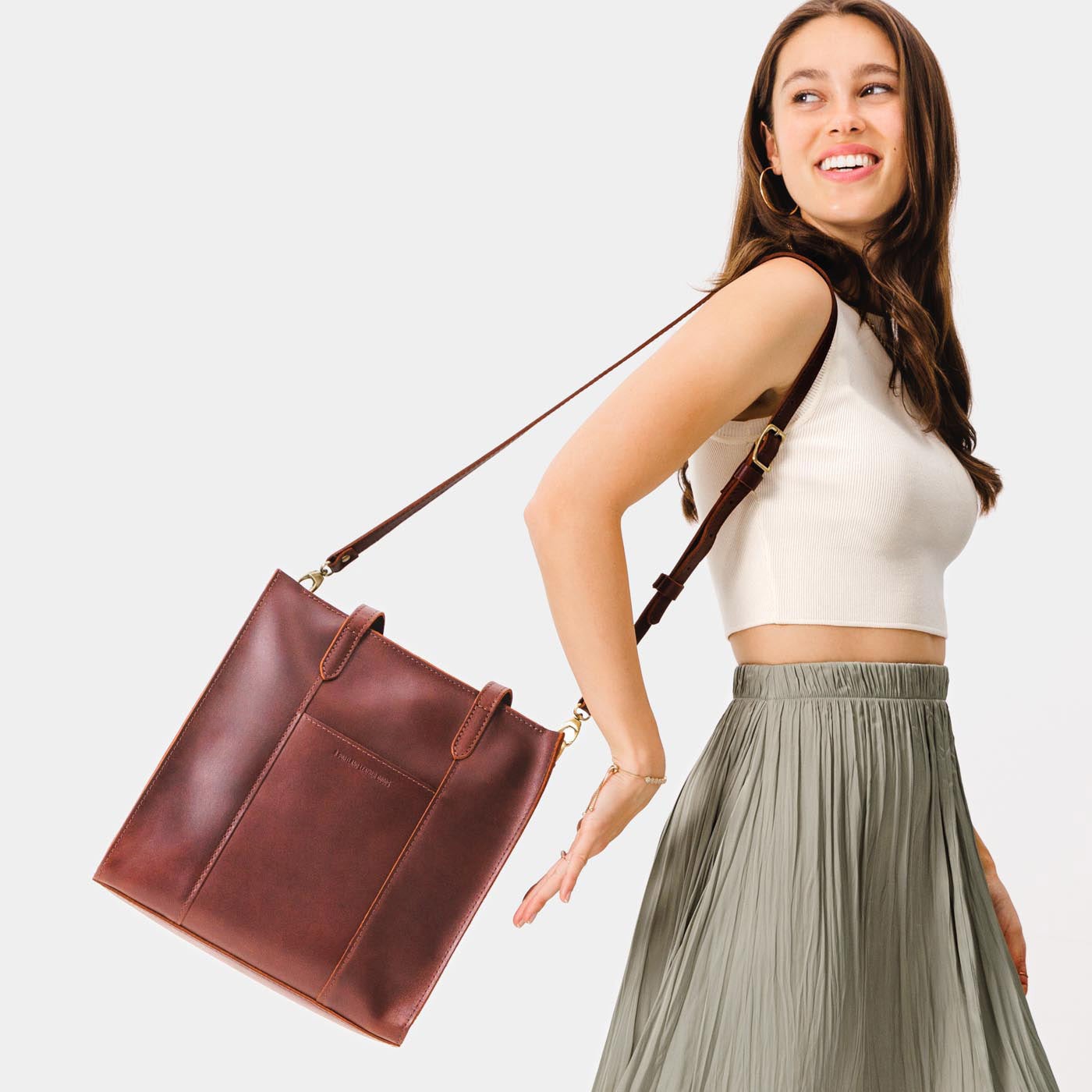  Cognac*North/South | Structured large tote bag with overlapping panels and crossbody strap