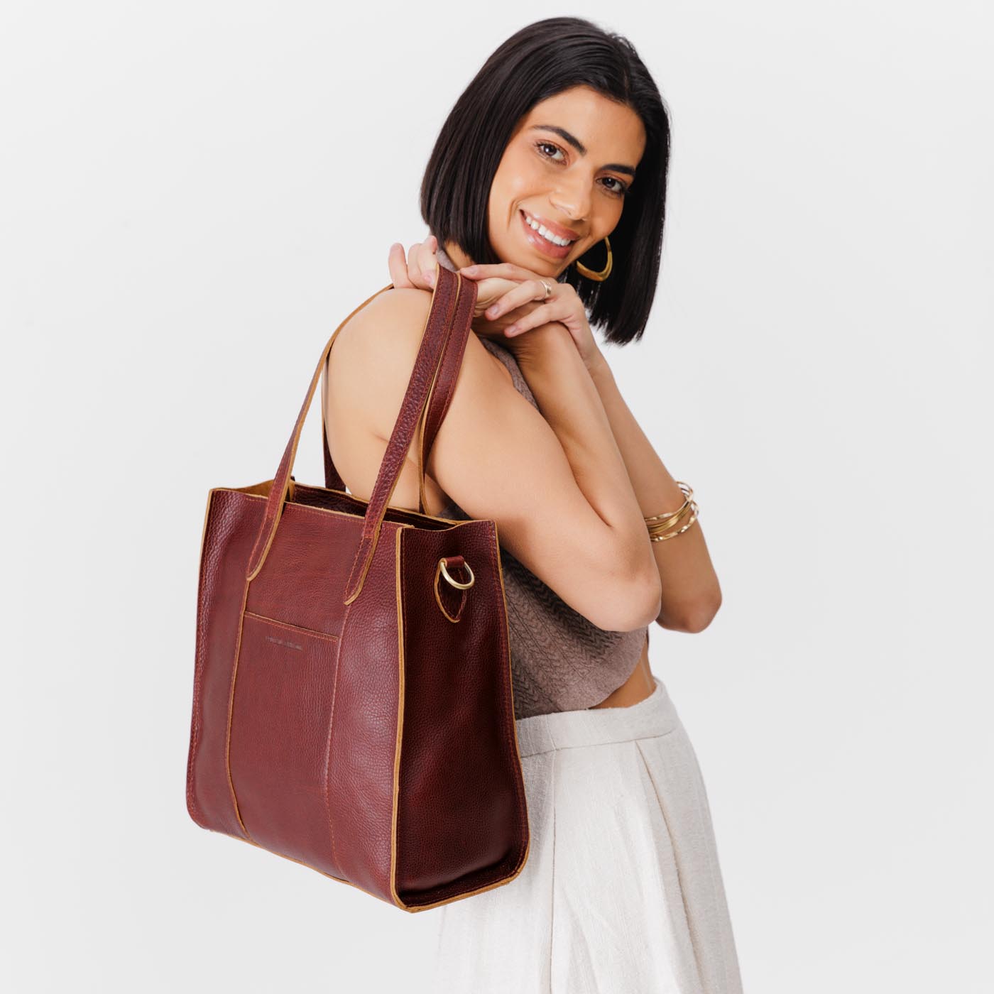  Cinnamon Bear*North/South | Structured large tote bag with overlapping panels and crossbody strap