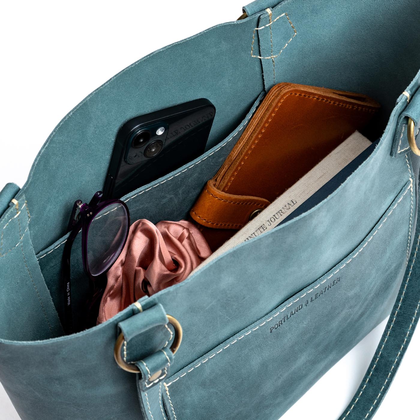 Aqua | Medium tote bag with antiqued brass toned hardware and front pocket