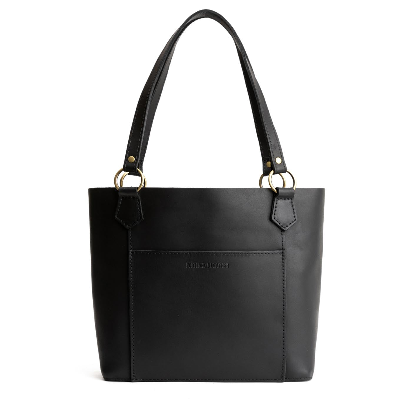 Black | Medium tote bag with antiqued brass toned hardware and front pocket