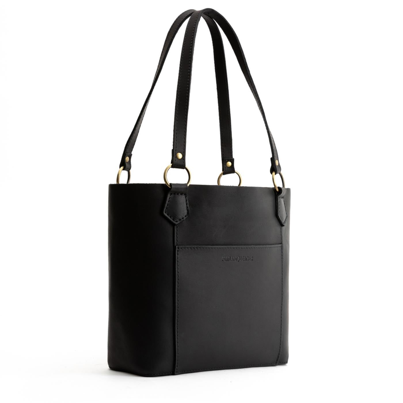 Black | Medium tote bag with antiqued brass toned hardware and front pocket