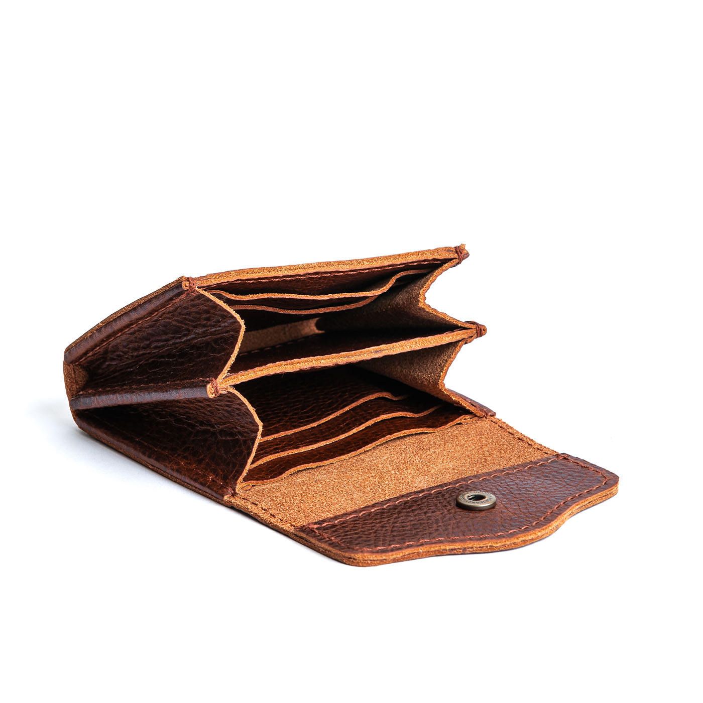 Cinnamon Bear | Compact leather wallet with snap closure open