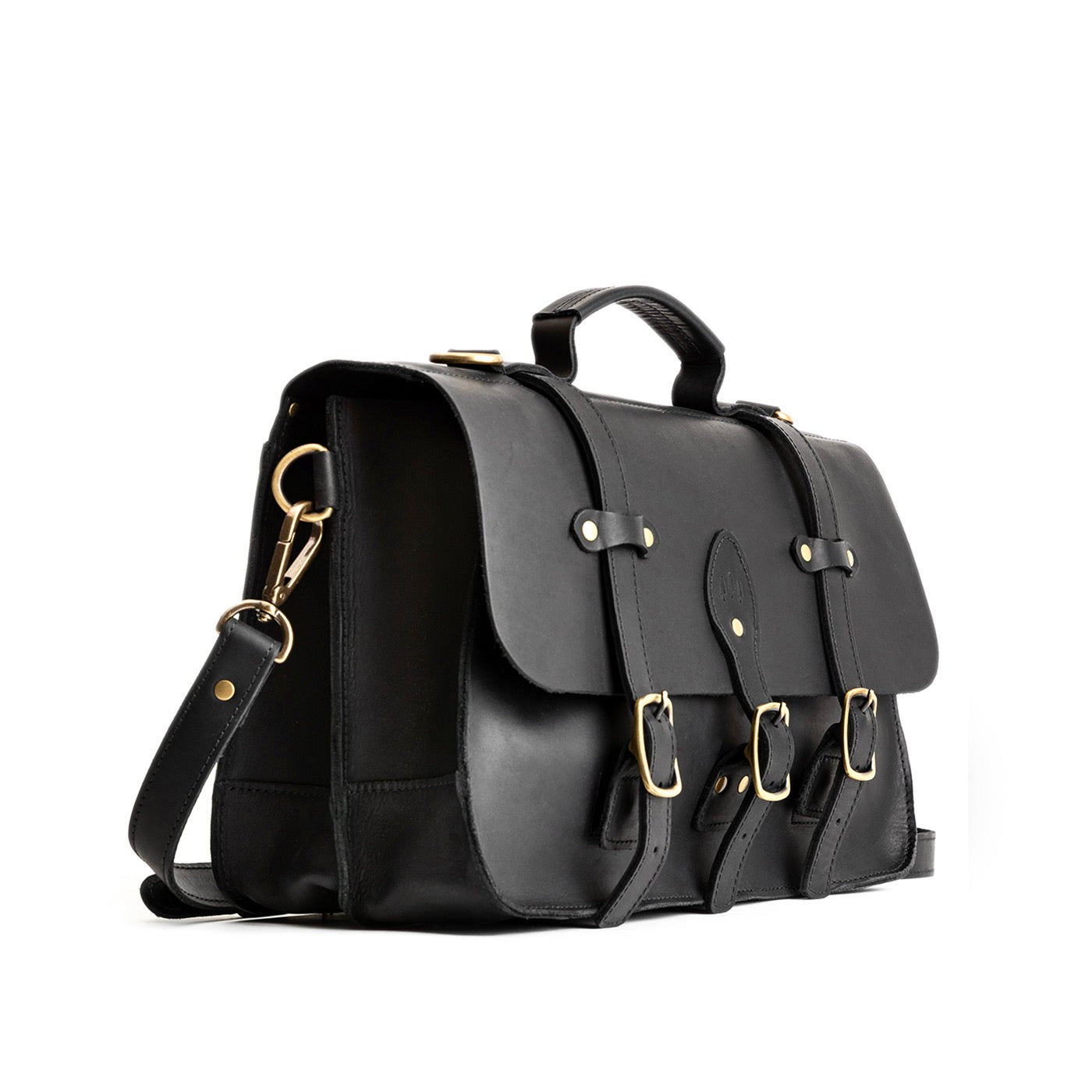 Black | Traditional messenger bag with multi buckle closure and crossbody strap