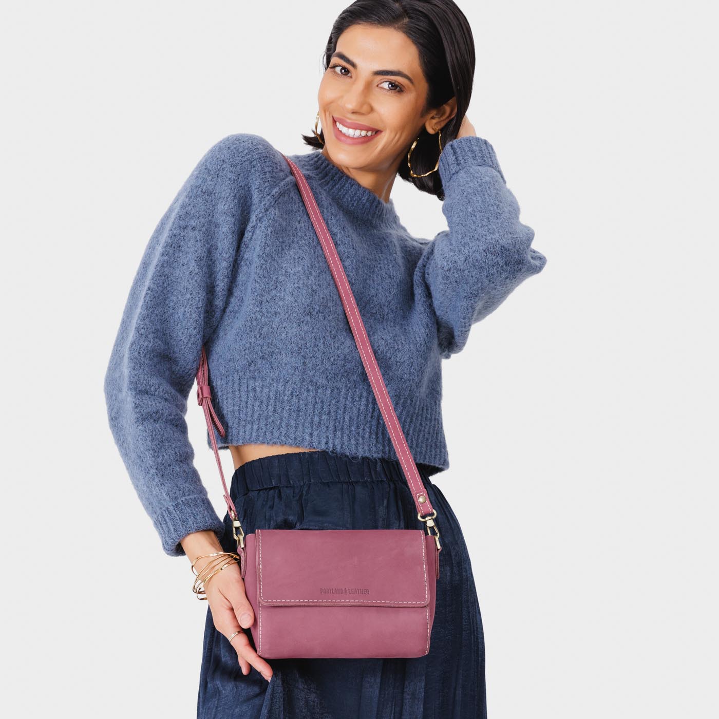 Foxglove*Mini | Model Wearing Small Leather Crossbody Bag with Magnetic Messenger Bag Closure