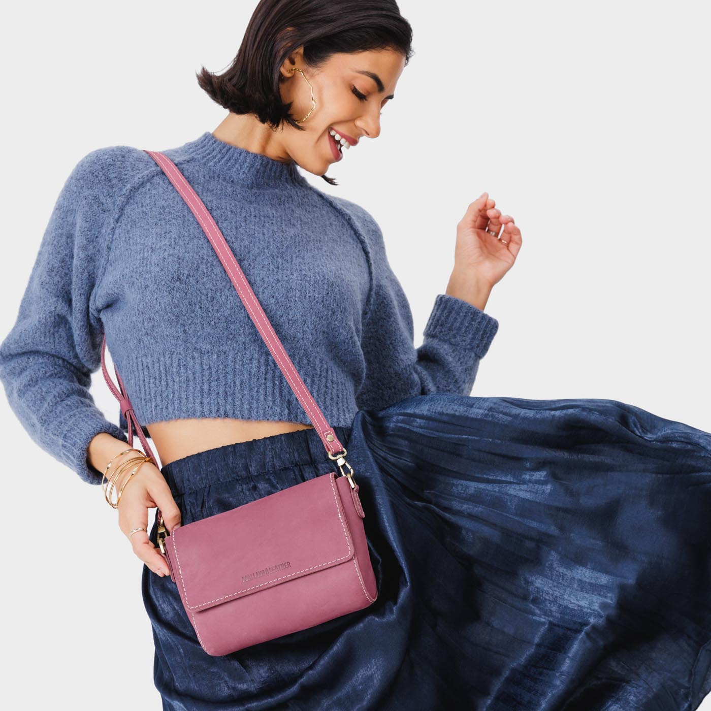 Foxglove*Mini | Model Wearing Small Leather Crossbody Bag with Magnetic Messenger Bag Closure