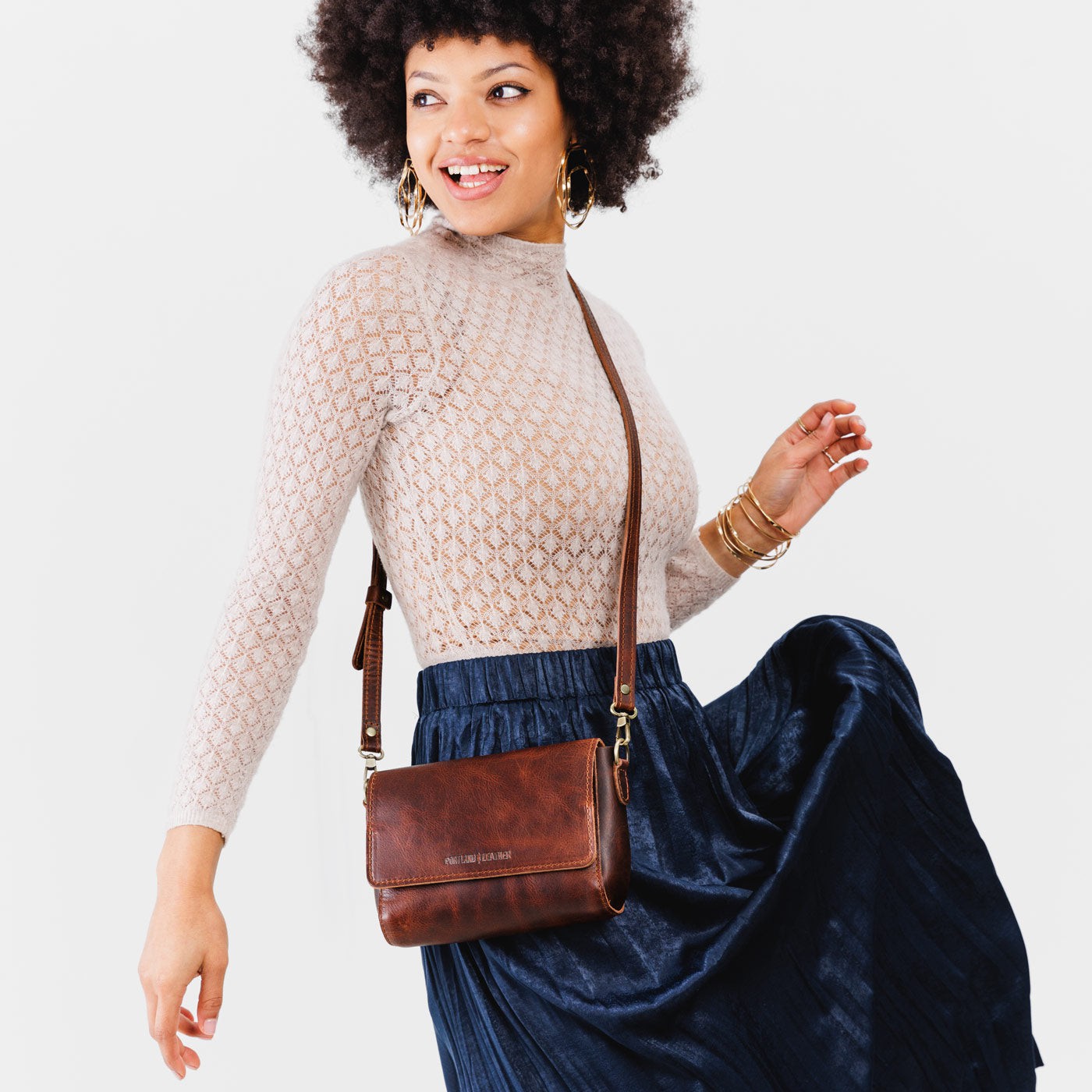 Lava*Mini | Model Wearing Small Leather Crossbody Bag with Magnetic Messenger Bag Closure